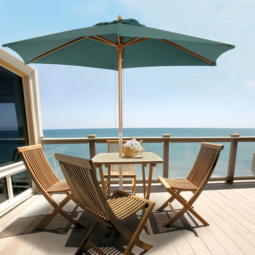 8FT Wood Patio Umbrella, Round Garden Parasol, Bamboo Ribs, Dark Green