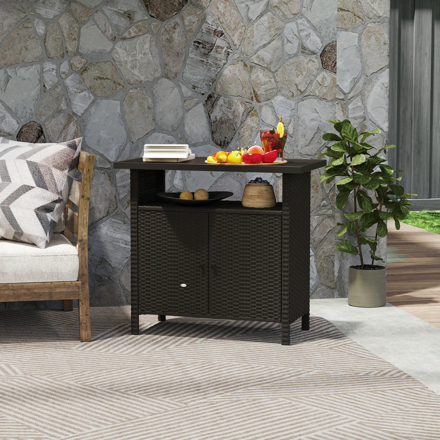 Wicker Outdoor Storage Cabinet, Two Doors With Shelf, Dark Coffee Patio Storage Boxes at Gallery Canada