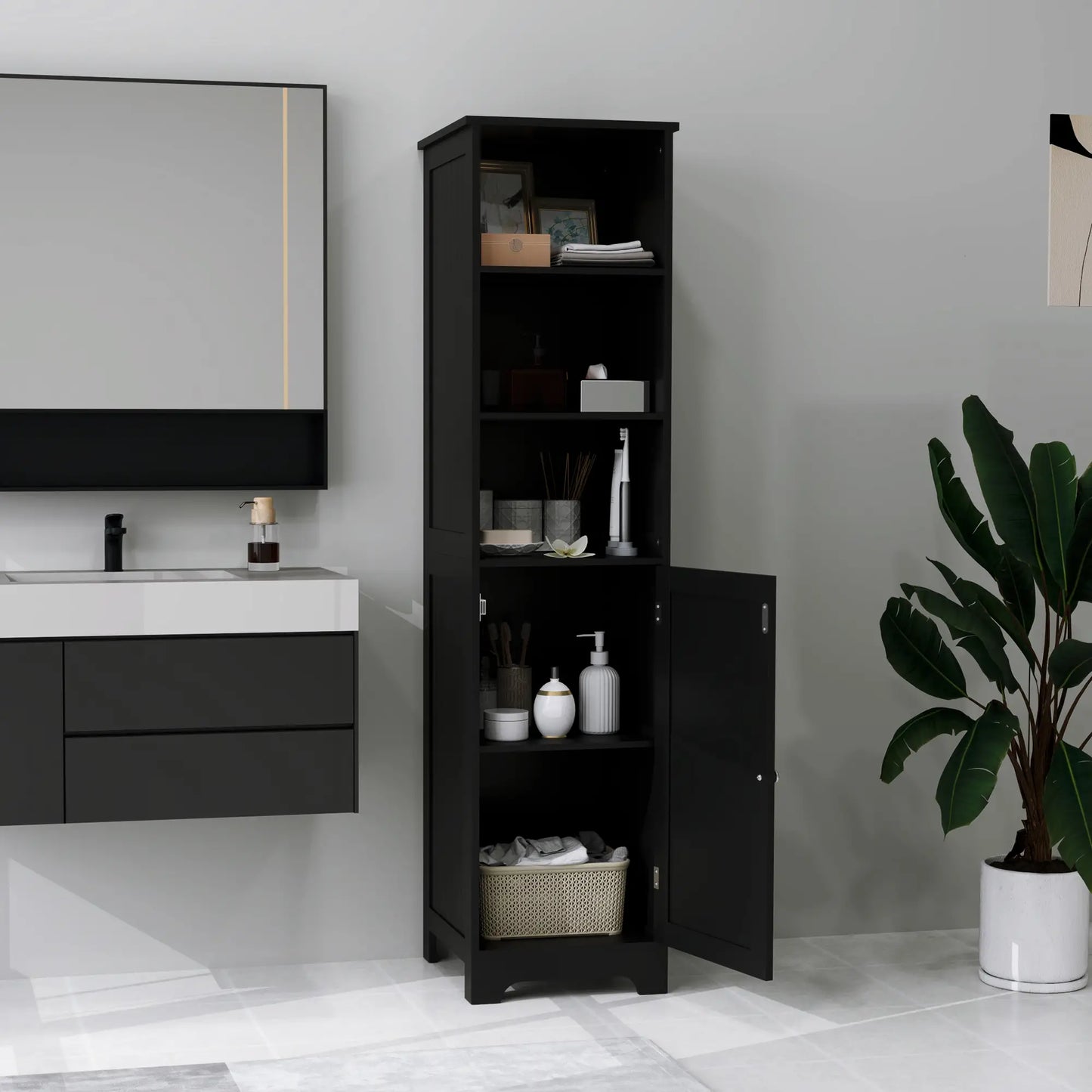 Tall Bathroom Storage Cabinet, Freestanding with Adjustable Shelf, 3 Open Shelves, Black Bathroom Cabinets at Gallery Canada