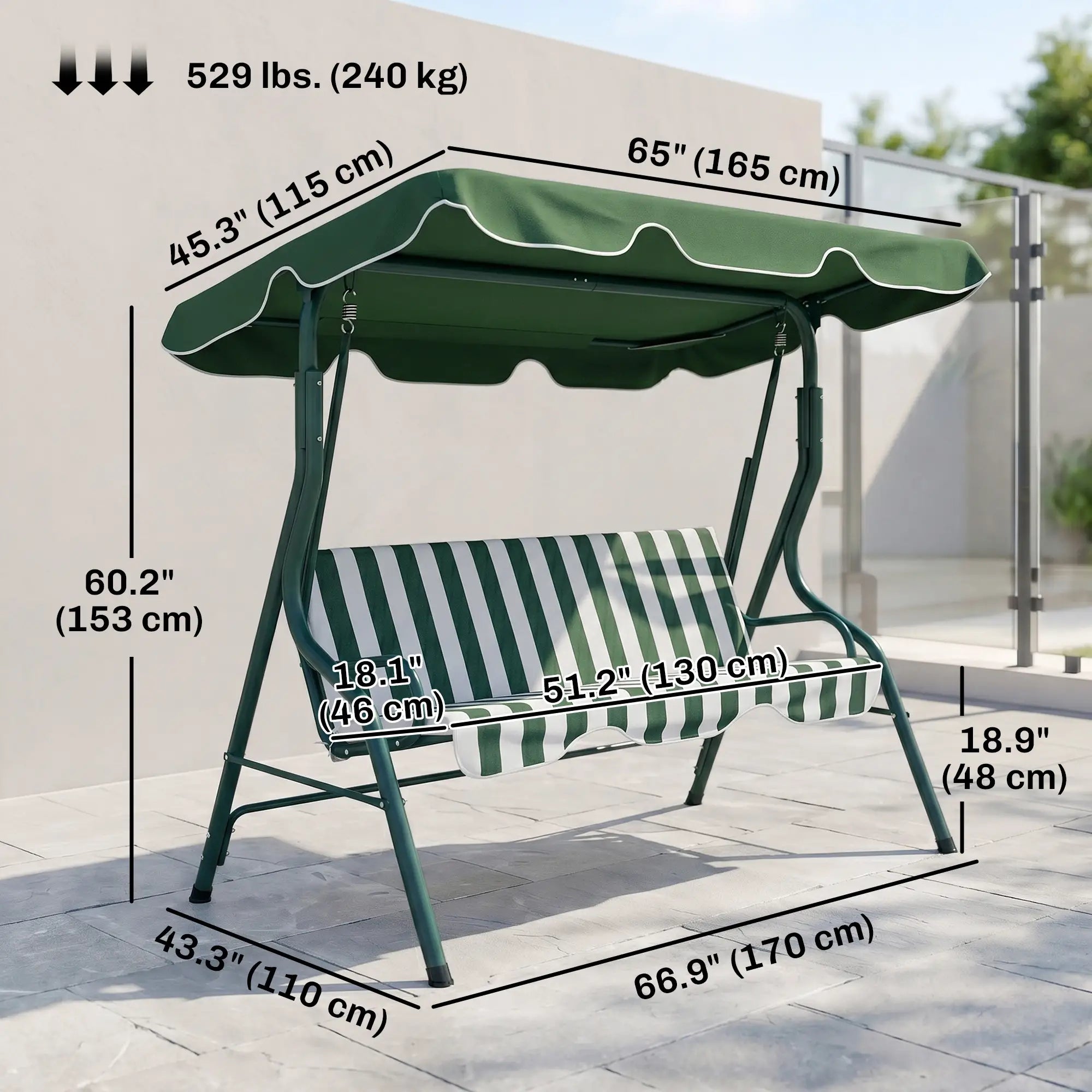 Outdoor Porch Swing, Adjustable Canopy, 3-Seater, Green Patio Swings with Stand at Gallery Canada