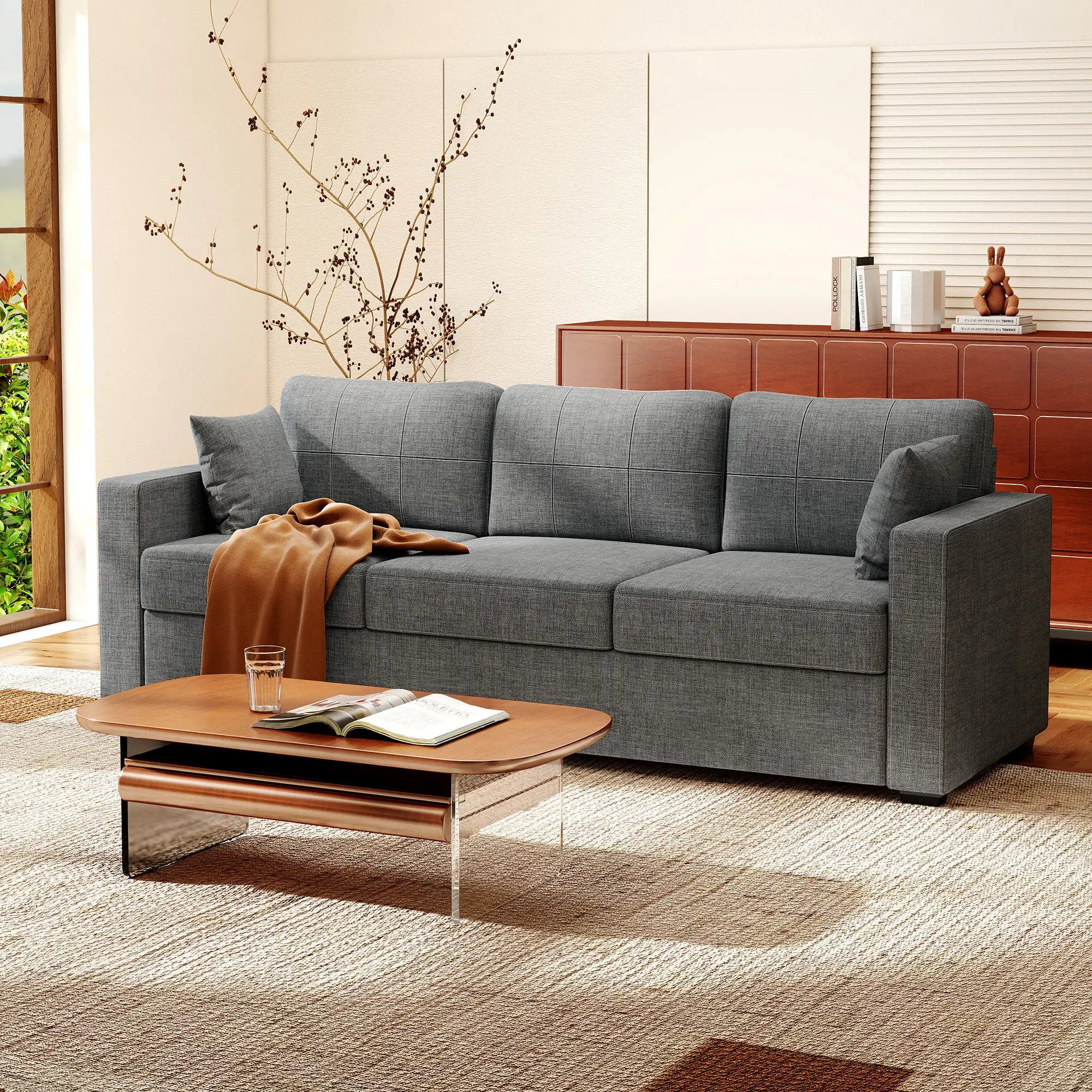 Modern Upholstered 3 Seater Sofa, Deep Seat, Dark Grey 3-Seater Sofas at Gallery Canada