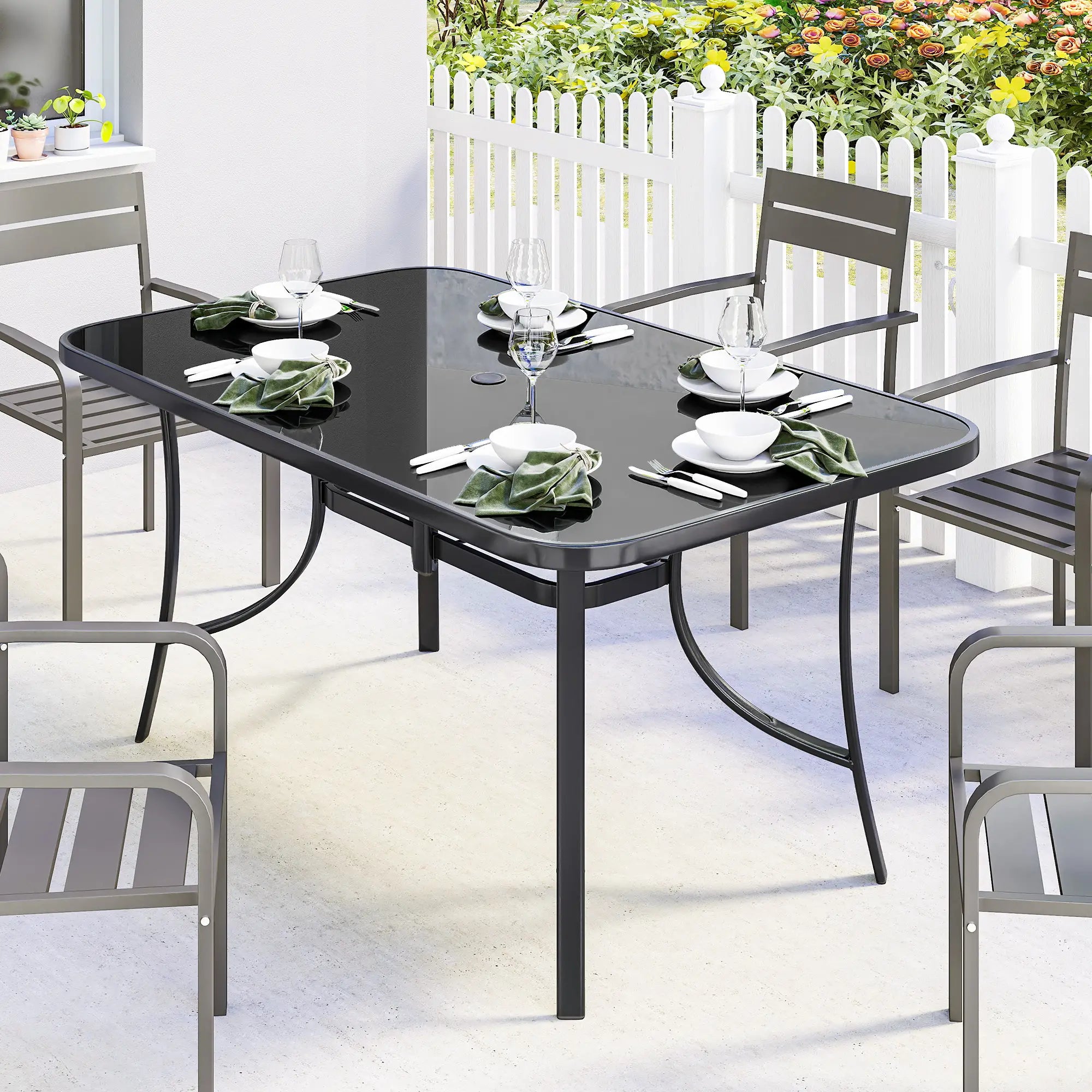 Outdoor Dining Table For 6, Metal Patio Table With Tempered Glass Top