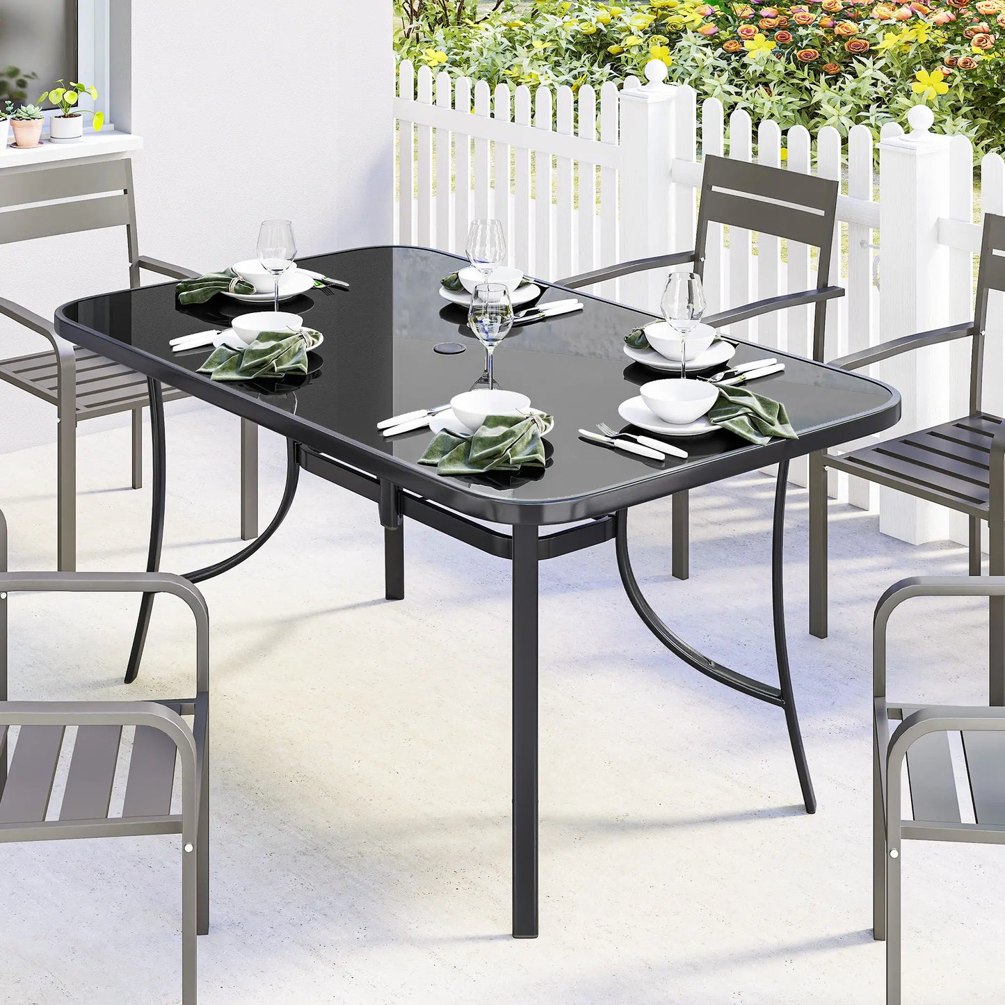 Outdoor Dining Table For 6, Metal Patio Table With Tempered Glass Top