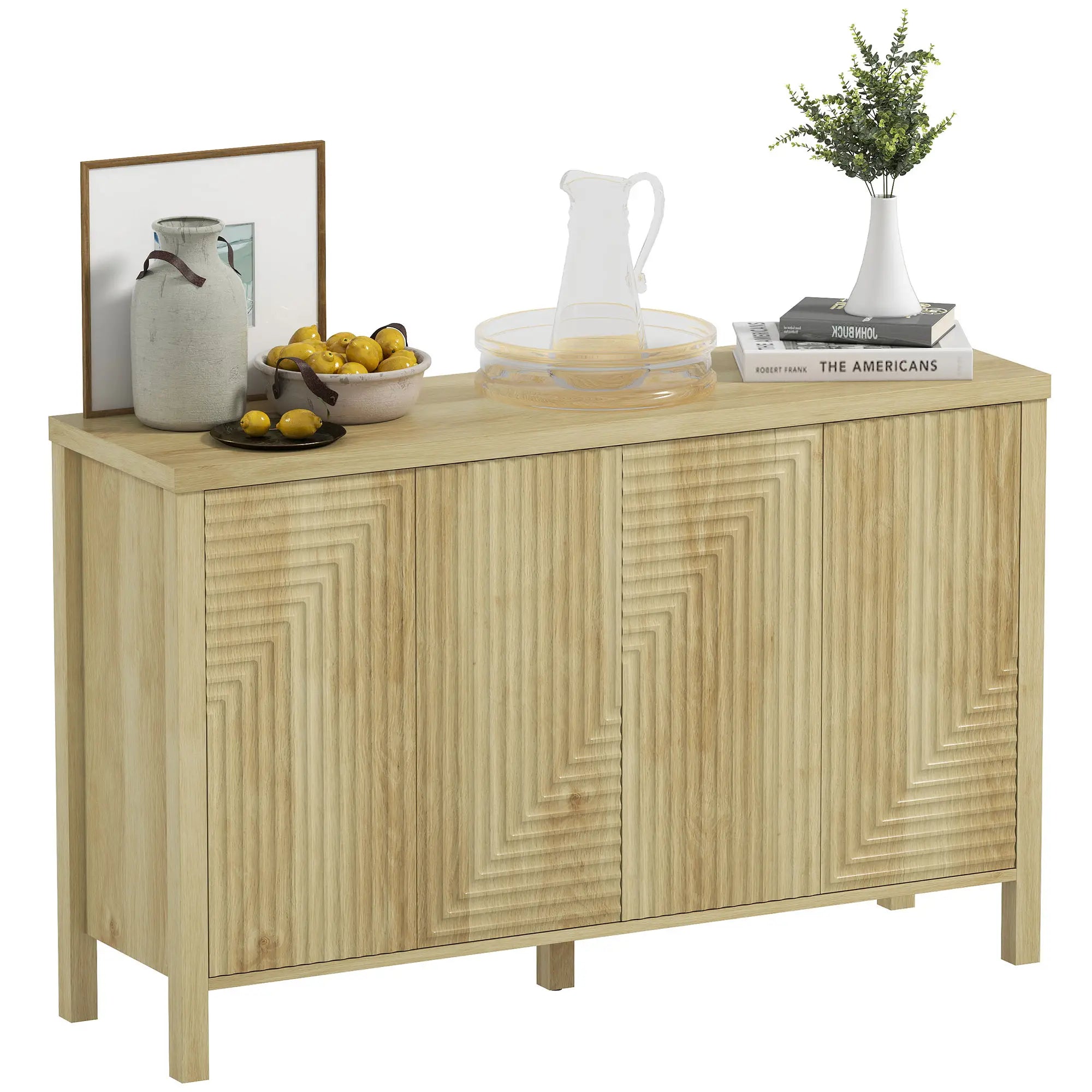47 Inch Buffet Cabinet, Fluted Sideboard, Push Open, 2 Shelves, 4 Doors, Natural Bar Cabinets at Gallery Canada