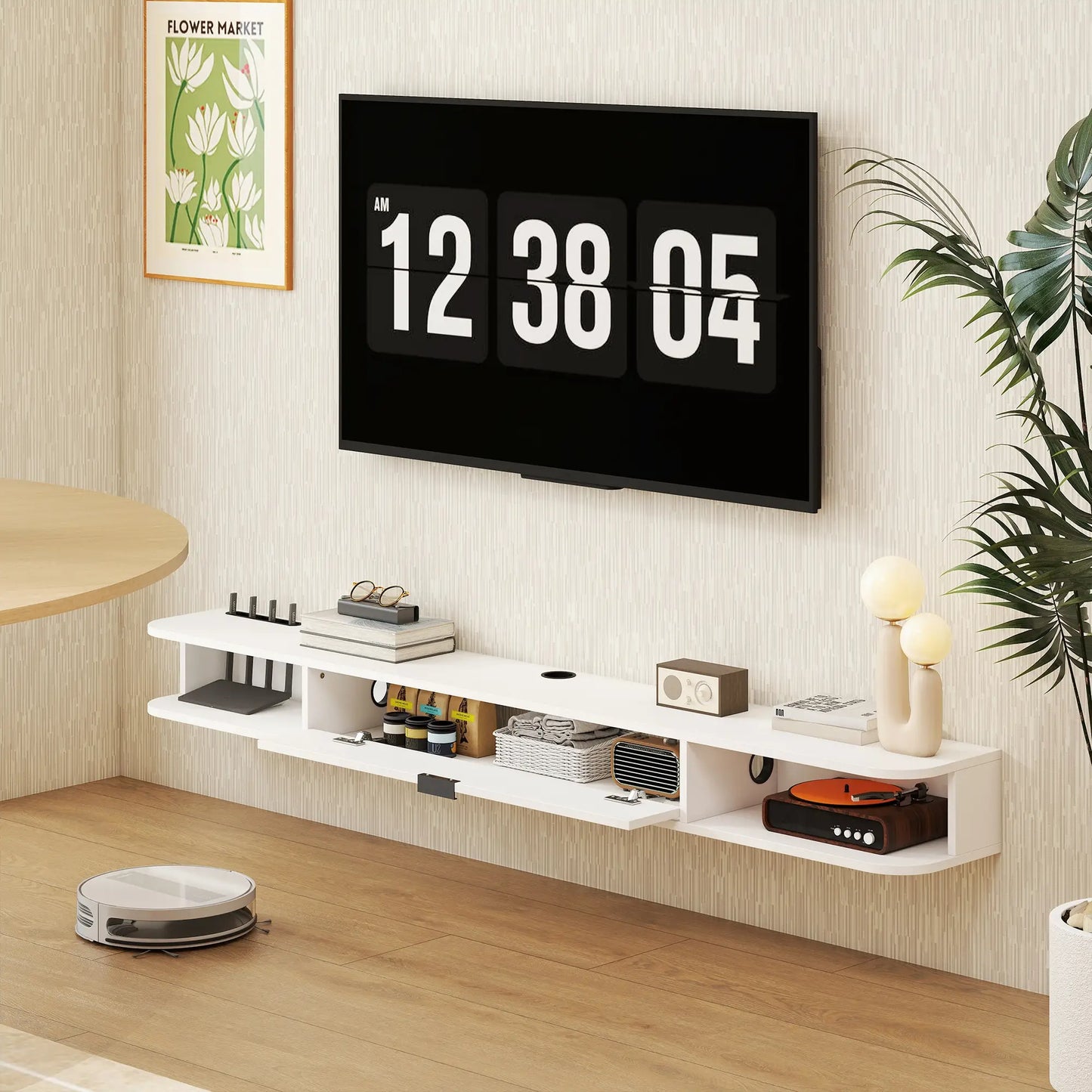 Support TV flottant de 71 pouces, console multimédia murale, blanc