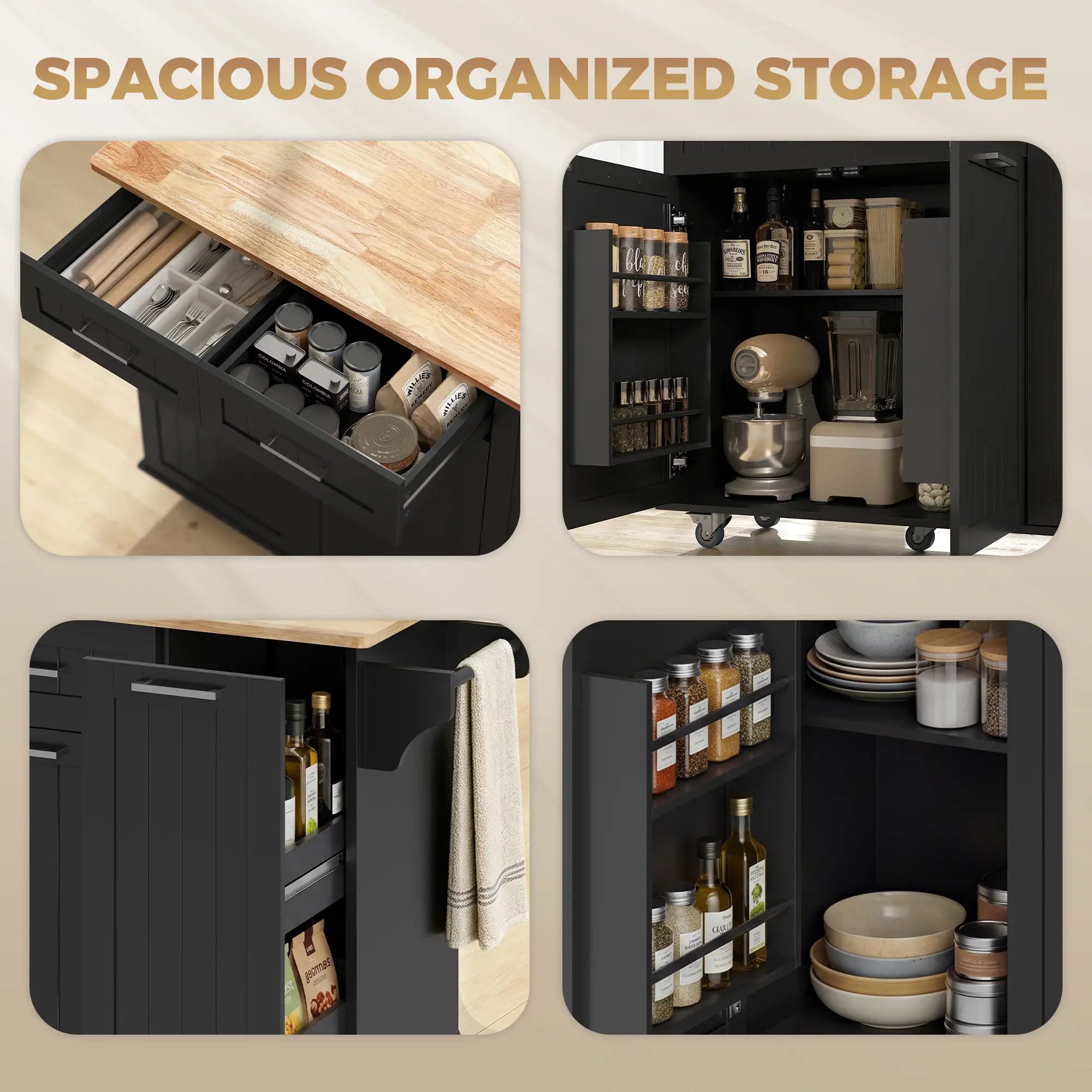 Rolling Kitchen Cart with Drop Leaf, Charging Station, Black Kitchen Islands & Kitchen Carts at Gallery Canada