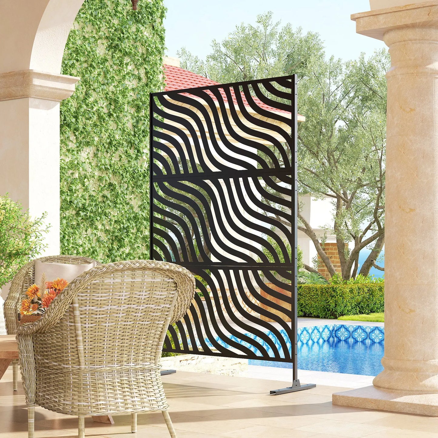 78" X 48" Metal Outdoor Privacy Screen, Freestanding Divider, Black