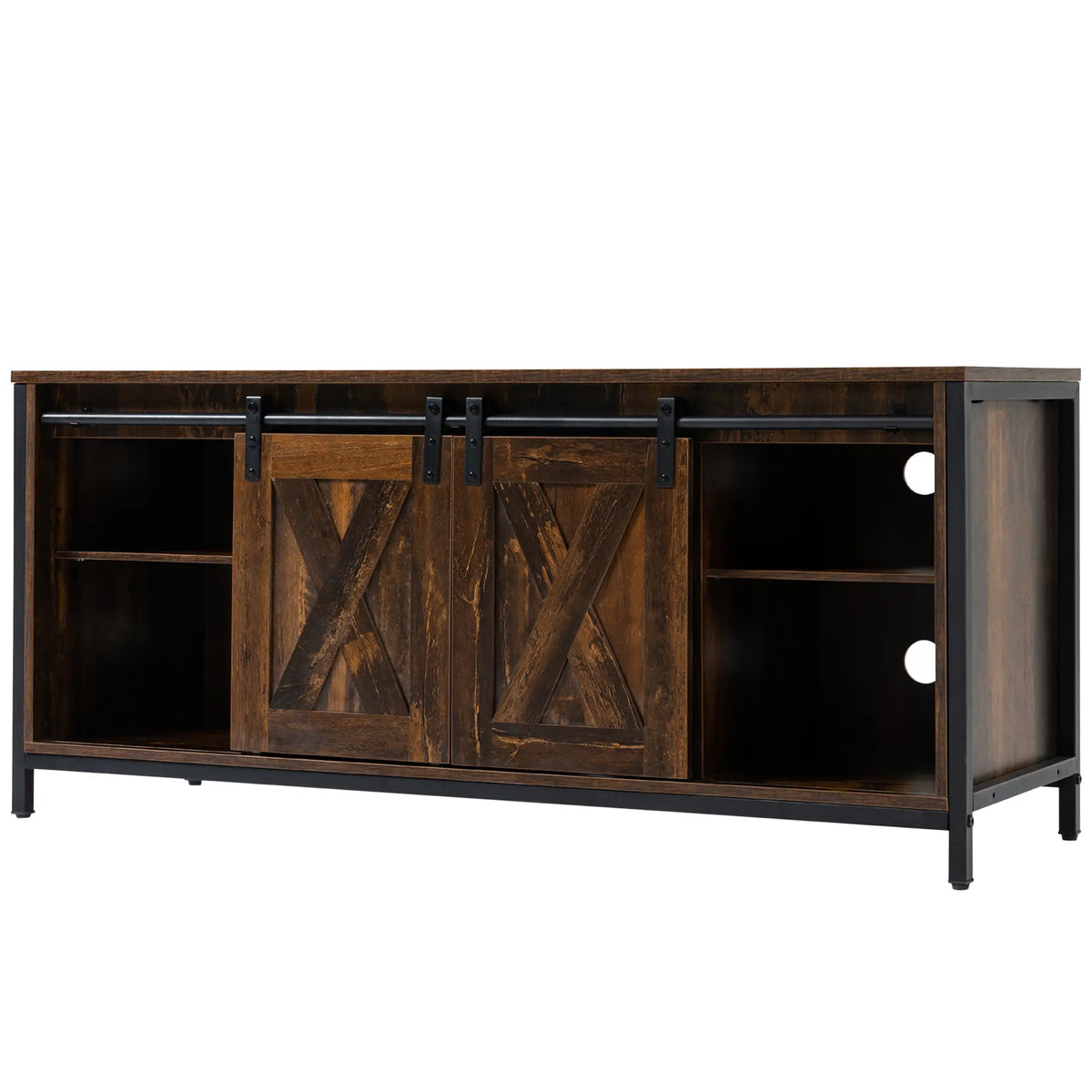 Industrial TV Stand for 60" TVs, Storage Console, 2 Sliding Barn Doors, Brown TV Stands at Gallery Canada
