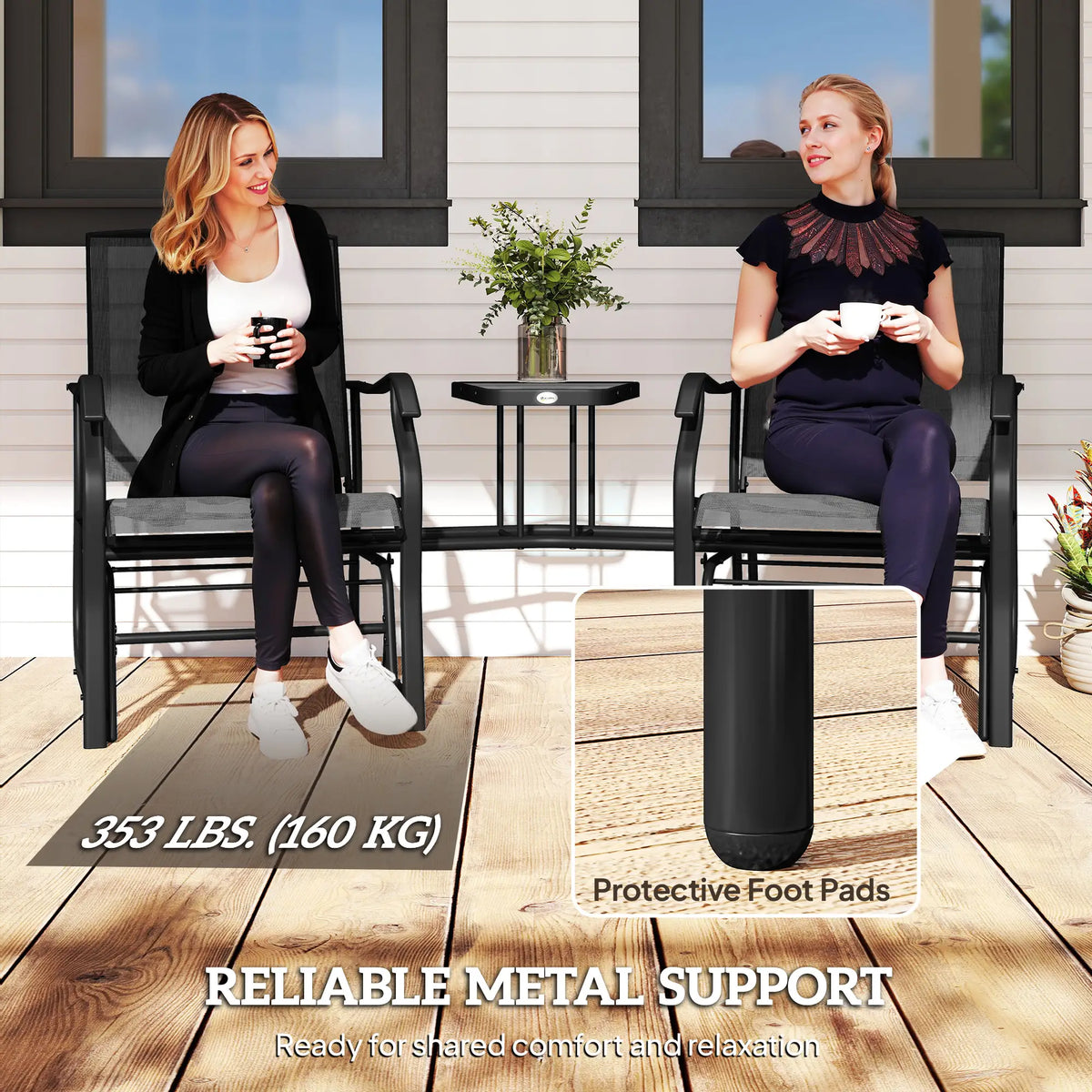 Double Patio Glider Chair with Glass Table, Black Outdoor Gliders at Gallery Canada