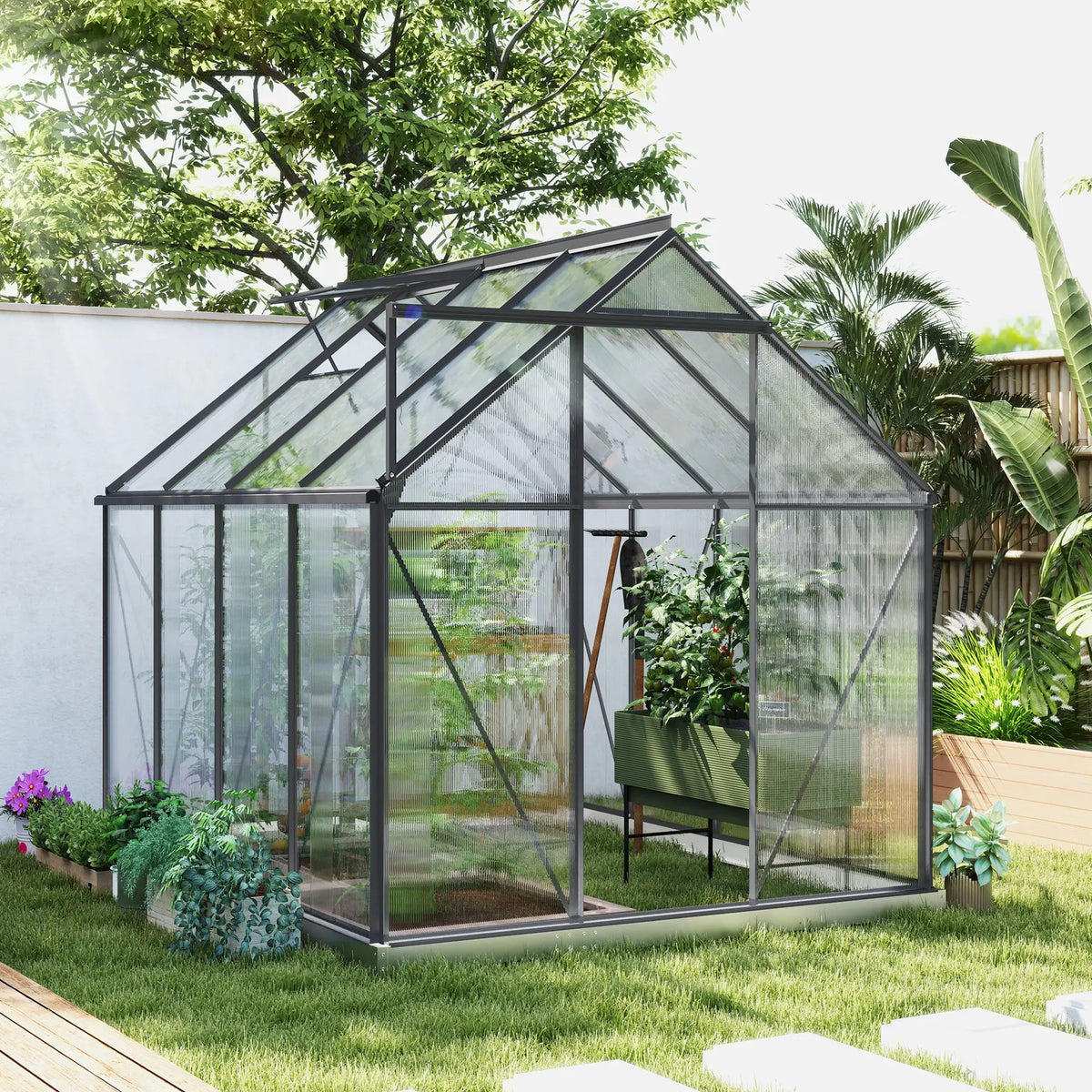 6' x 8' x 6.5' Polycarbonate Greenhouse, Walk-in, Adjustable Roof Vent, Charcoal Grey Walk In Greenhouses at Gallery Canada