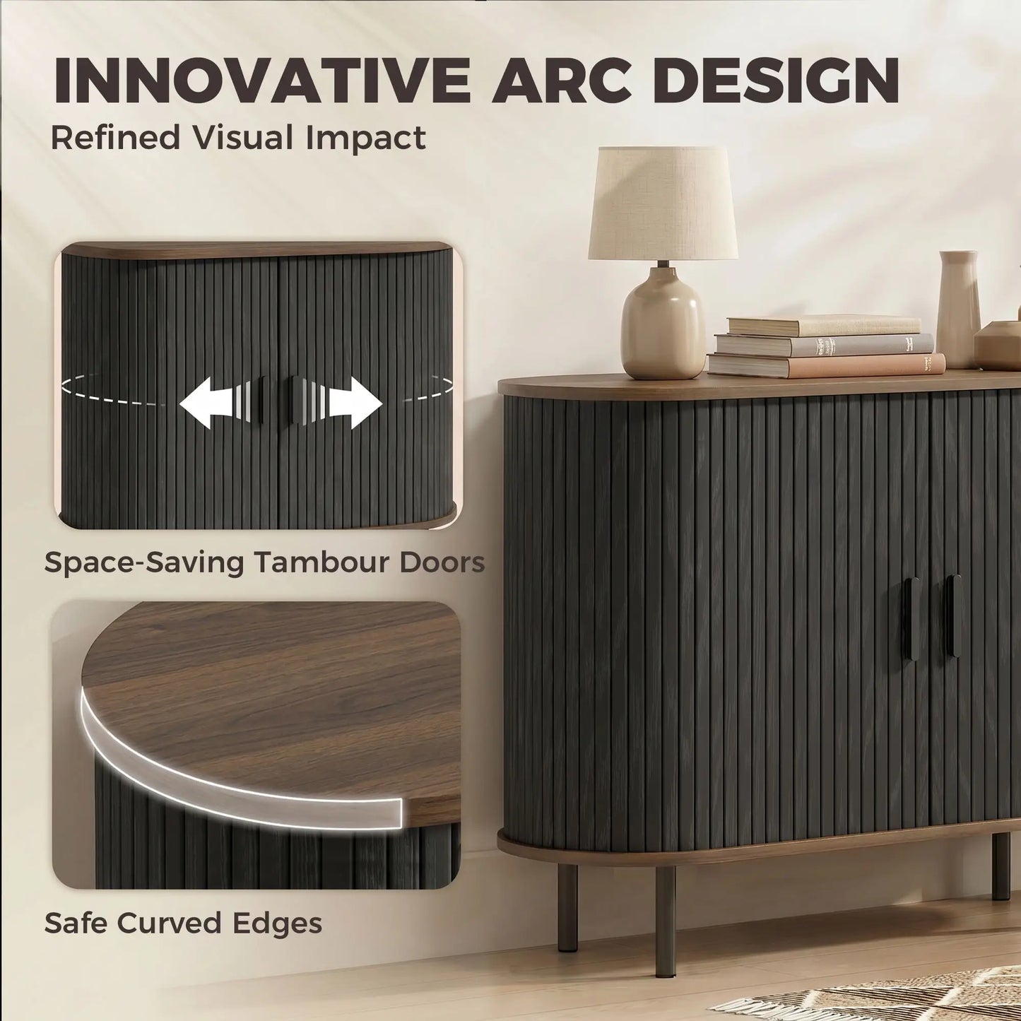 Wood Grain Sideboard With Curved Tambour Doors, Brown