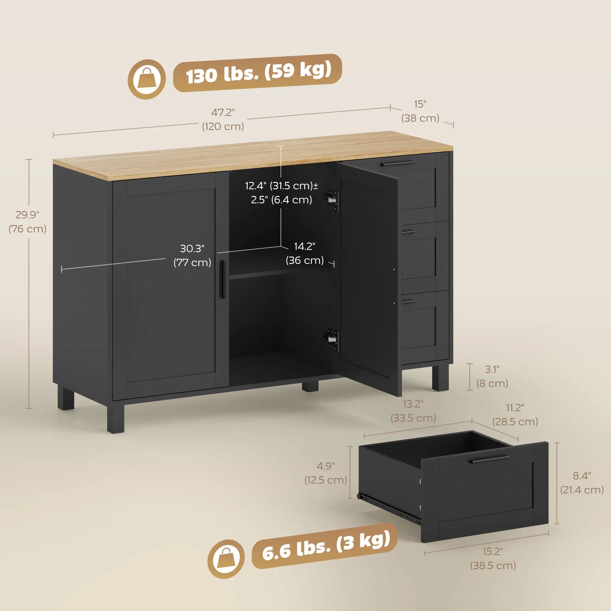 Buffet Cabinet with Soft Close Doors, Modern Sideboard with 3 Drawers, Black Storage Cabinets at Gallery Canada