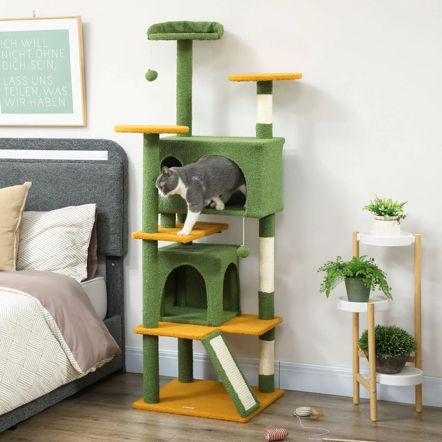 63" Cat Tree, Multi-Level Tower, Scratching Posts, Condos, Bed, Green