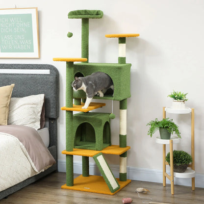 63" Cat Tree, Multi-Level Tower, Scratching Posts, Condos, Bed, Green
