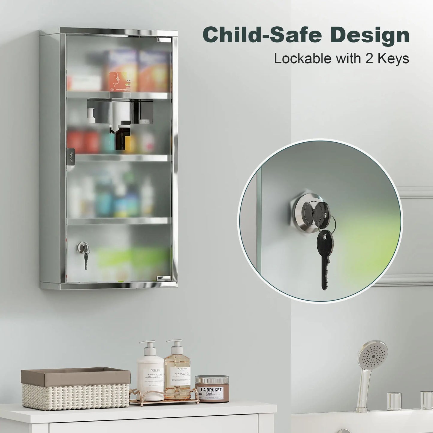 Wall Mount Medicine Cabinet, 4 Tier Shelves, Stainless Steel Frame, Glass Door, Lockable, 12" x 23.5", Silver Mirror Medicine Cabinets at Gallery Canada