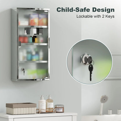 Wall Mount Medicine Cabinet, 4 Tier Shelves, Stainless Steel Frame, Glass Door, Lockable, 12" x 23.5", Silver Mirror Medicine Cabinets at Gallery Canada