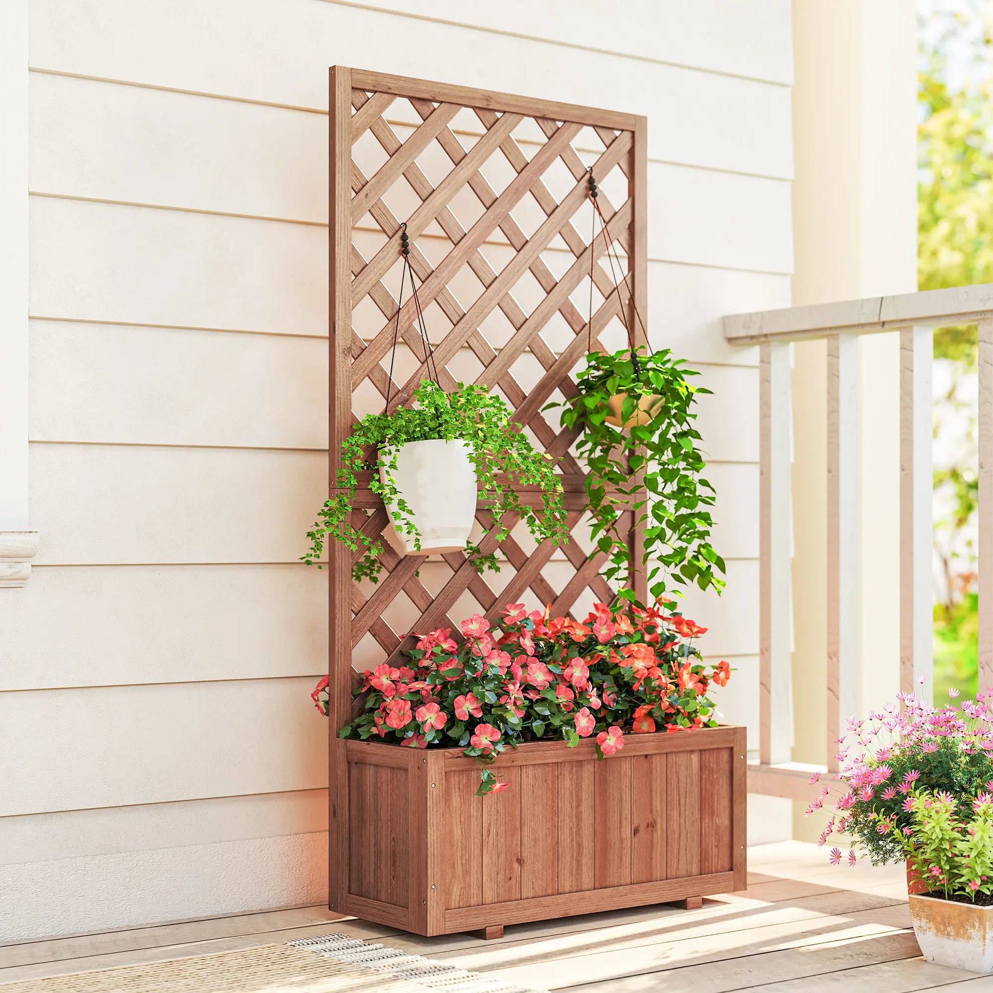2.4 x 1 x 4.9 ft Wooden Pine Trough Planter with Trellis, Orange Wooden Planter Boxes at Gallery Canada