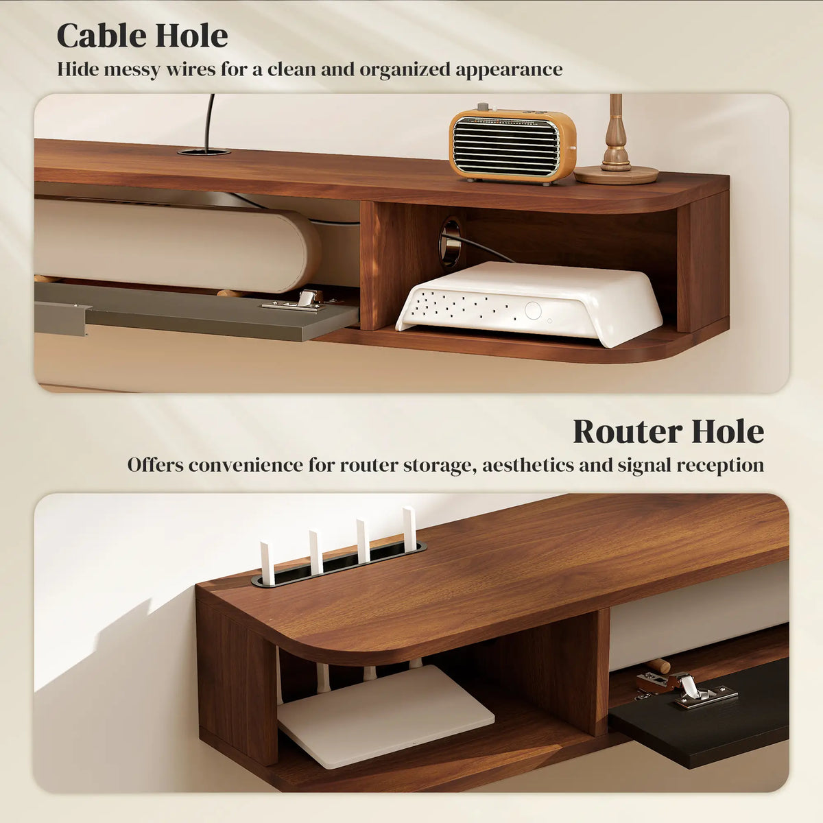 47 Inch Floating TV Stand, Wall Mounted Media Console, Flip Drawer, 2 Open Shelves, Walnut TV Stands at Gallery Canada