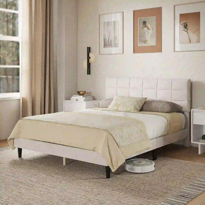 Queen Size Bed Frame, Upholstered Headboard, Wood Slats, 1100 lbs, Cream Bed Frames at Gallery Canada