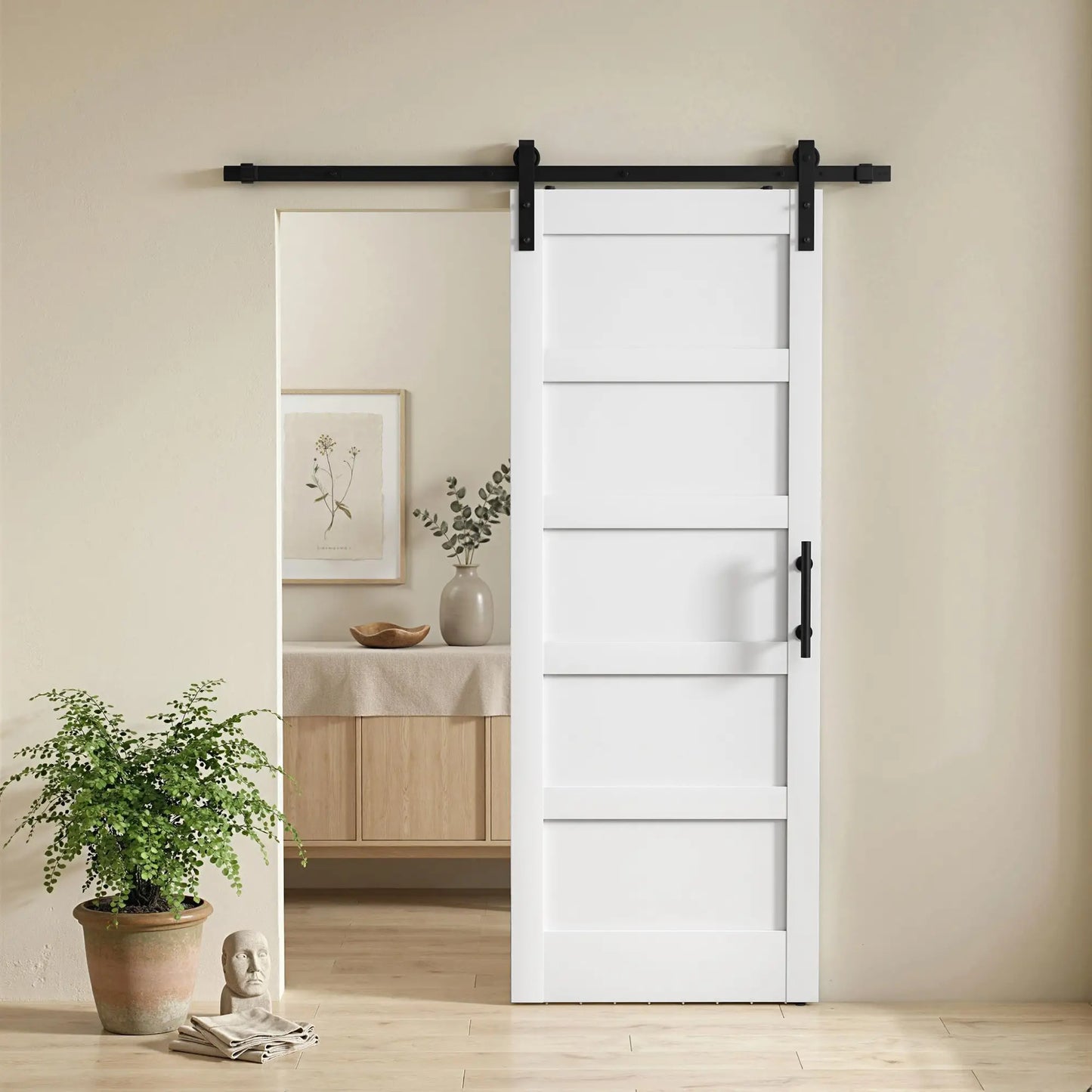 32x84 Sliding Barn Door with Hardware Kit, Shaker Style, White Wood Grain, White Door Hardware at Gallery Canada