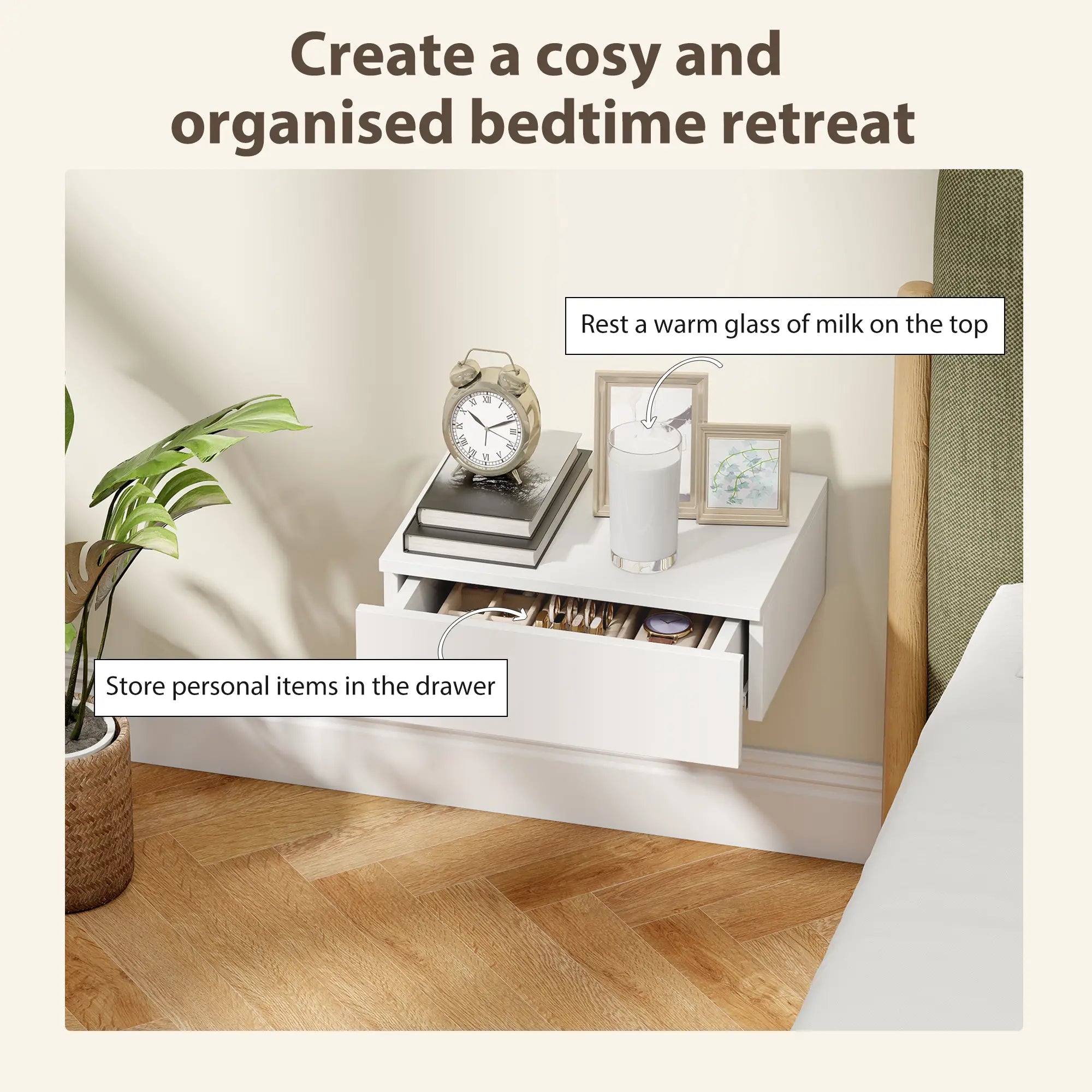 Set of 2 Wall Mounted Bedside Tables, High Gloss Floating Nightstands with Drawer, White Bedside Tables at Gallery Canada
