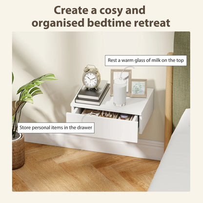 Set of 2 Wall Mounted Bedside Tables, High Gloss Floating Nightstands with Drawer, White Bedside Tables at Gallery Canada