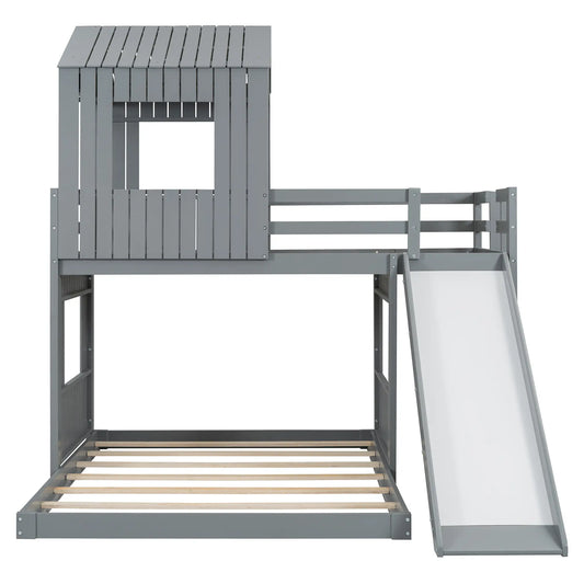 Twin Over Full Bunk Bed with Playhouse, Ladder, Slide, Guardrails, 82" L x 89" W x 82.5" H, Grey Bed Frames Grey at Gallery Canada