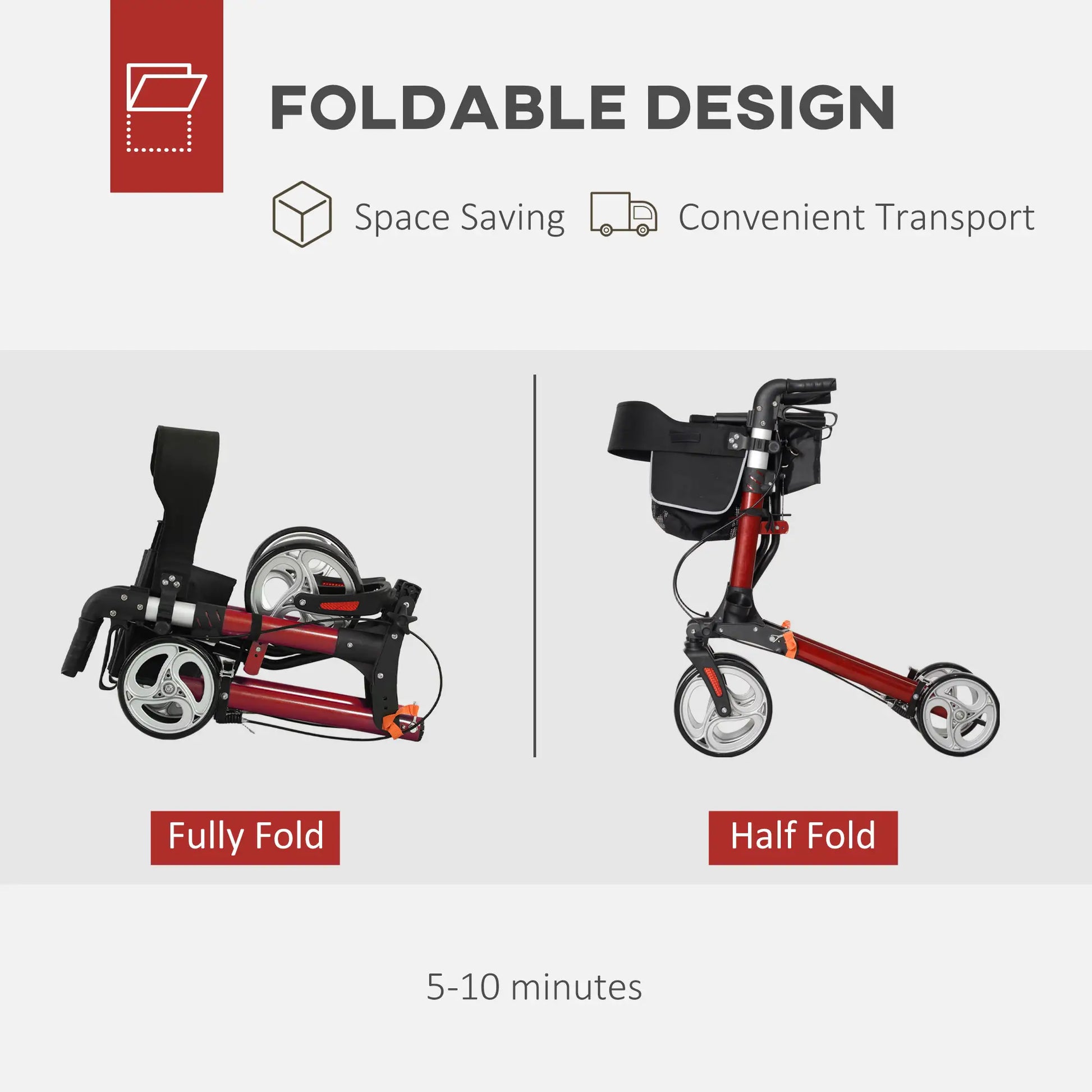 Lightweight Folding Walker, Large Seat, Adjustable Handle, Red Knee Walker & Wheelchair Ramps at Gallery Canada