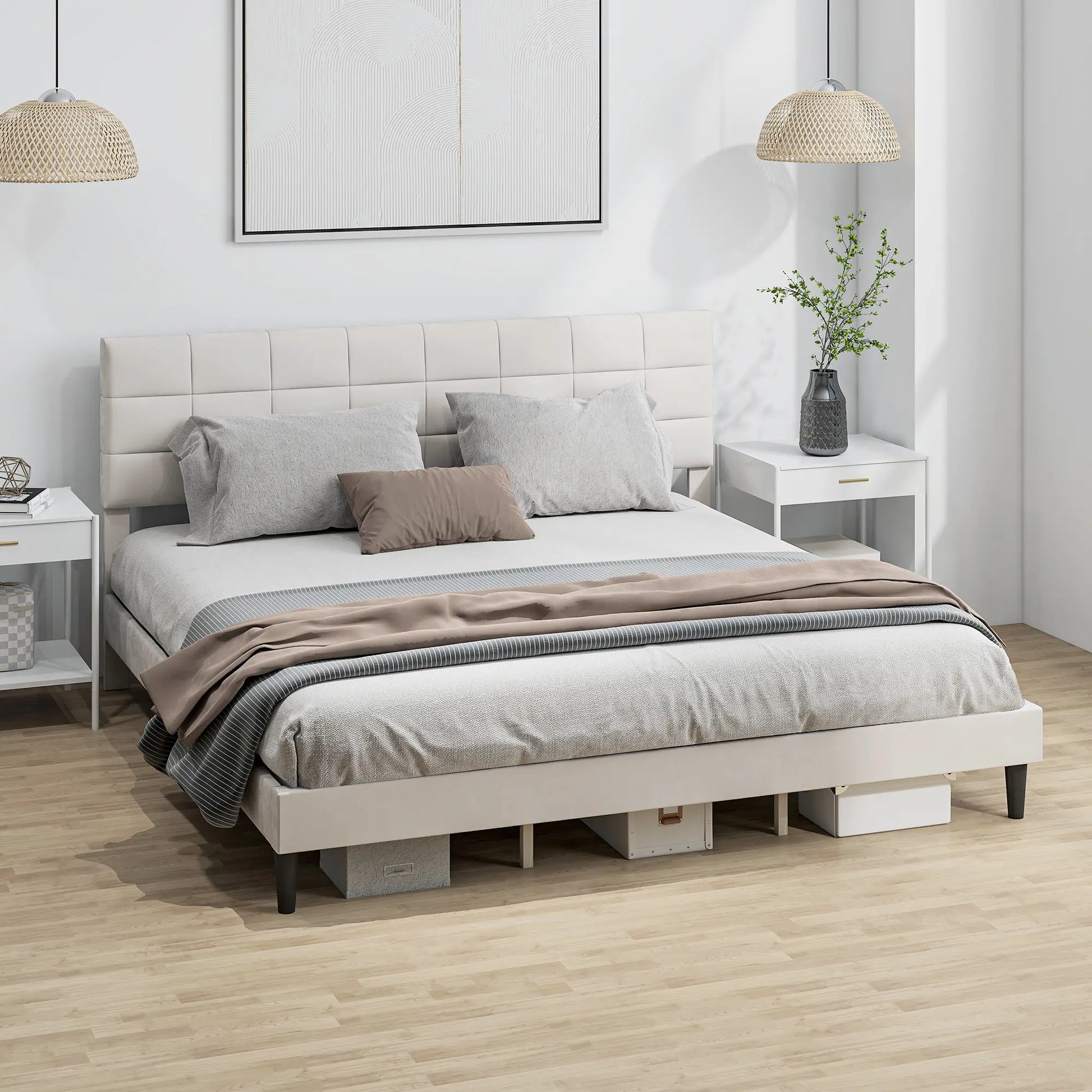 King Size Bed Frame, Upholstered Headboard, Wood Slats, 1100 lbs, Cream Bed Frames at Gallery Canada