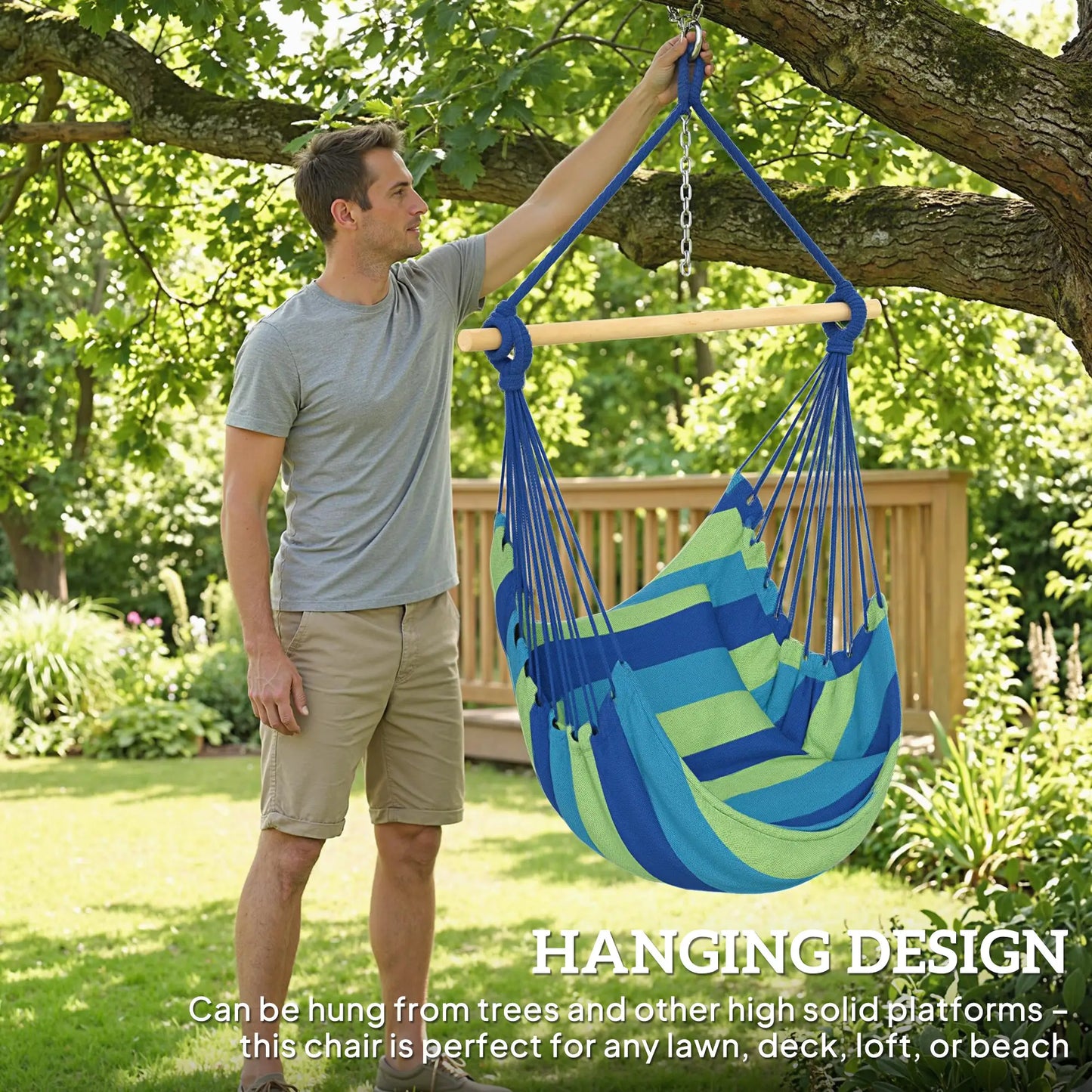 Hanging Macrame Chair, Two Soft Seat Cushions, Blue Green Hanging Porch Swings at Gallery Canada