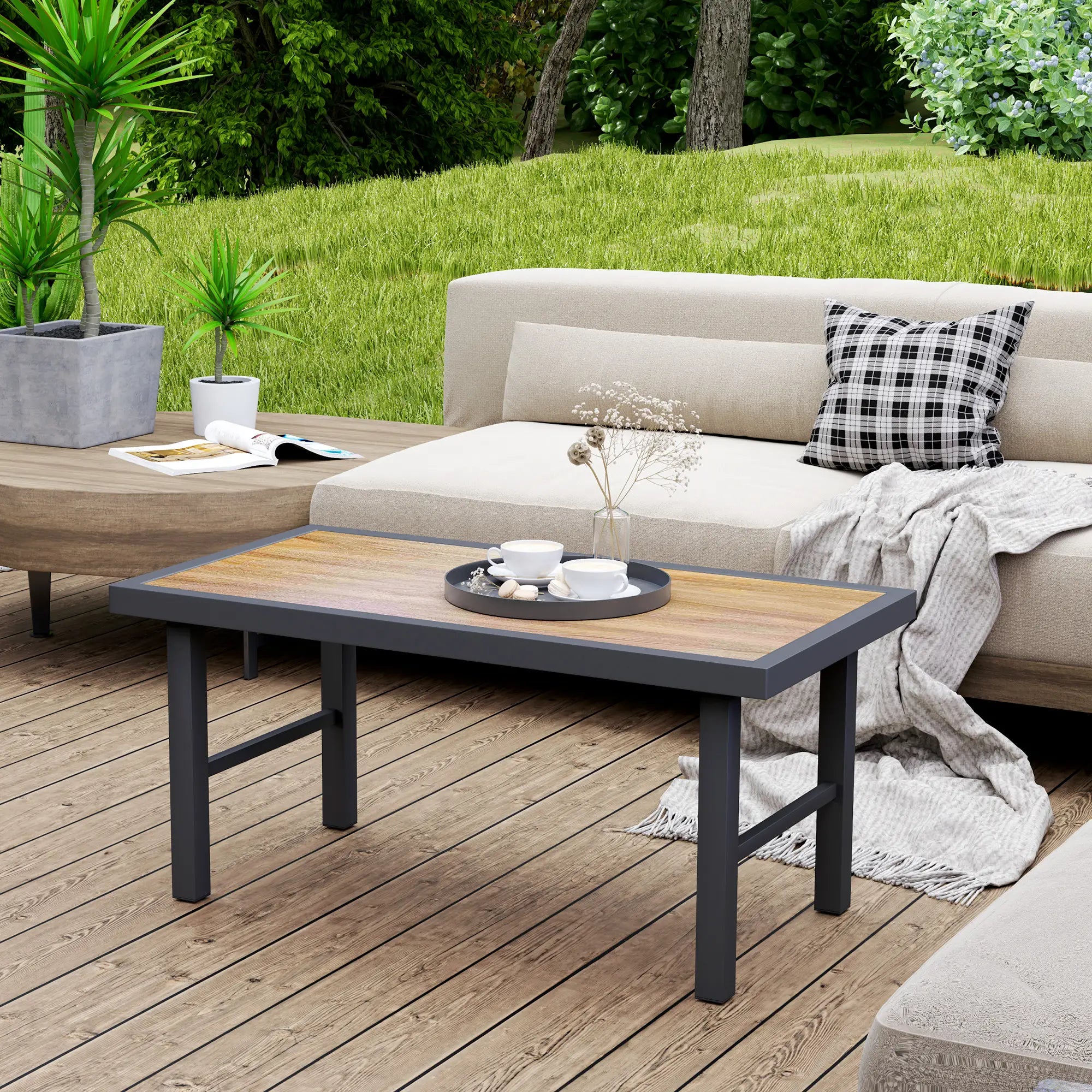 Outdoor Side Table, SPC Woodgrain Tabletop, Metal Patio Coffee Table, Brown Patio Side Tables at Gallery Canada