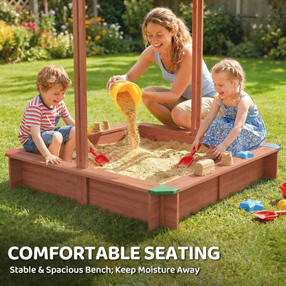 Wooden Sandbox with Cover, Adjustable Canopy, Seats, Dark Brown Sandboxes & Accessories at Gallery Canada