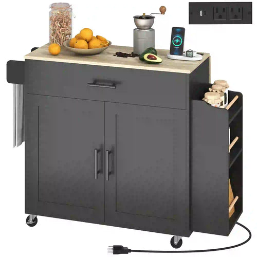 Kitchen Island with Storage, Rolling Cart, Foldable Drop Leaf, Power Outlet, USB Ports, Black