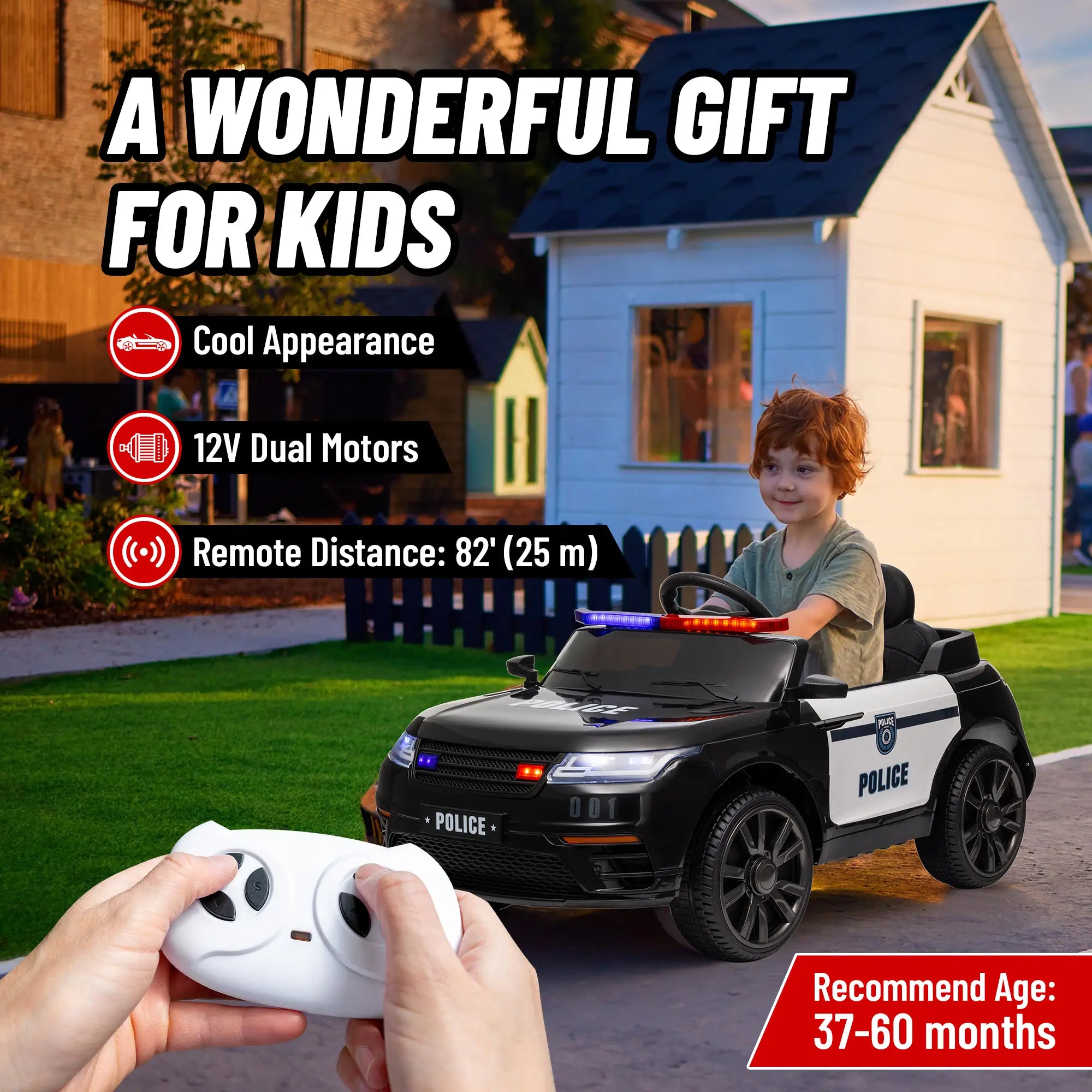 12V Kids Electric Police Car, Remote Control, Black Electric Toy Cars at Gallery Canada