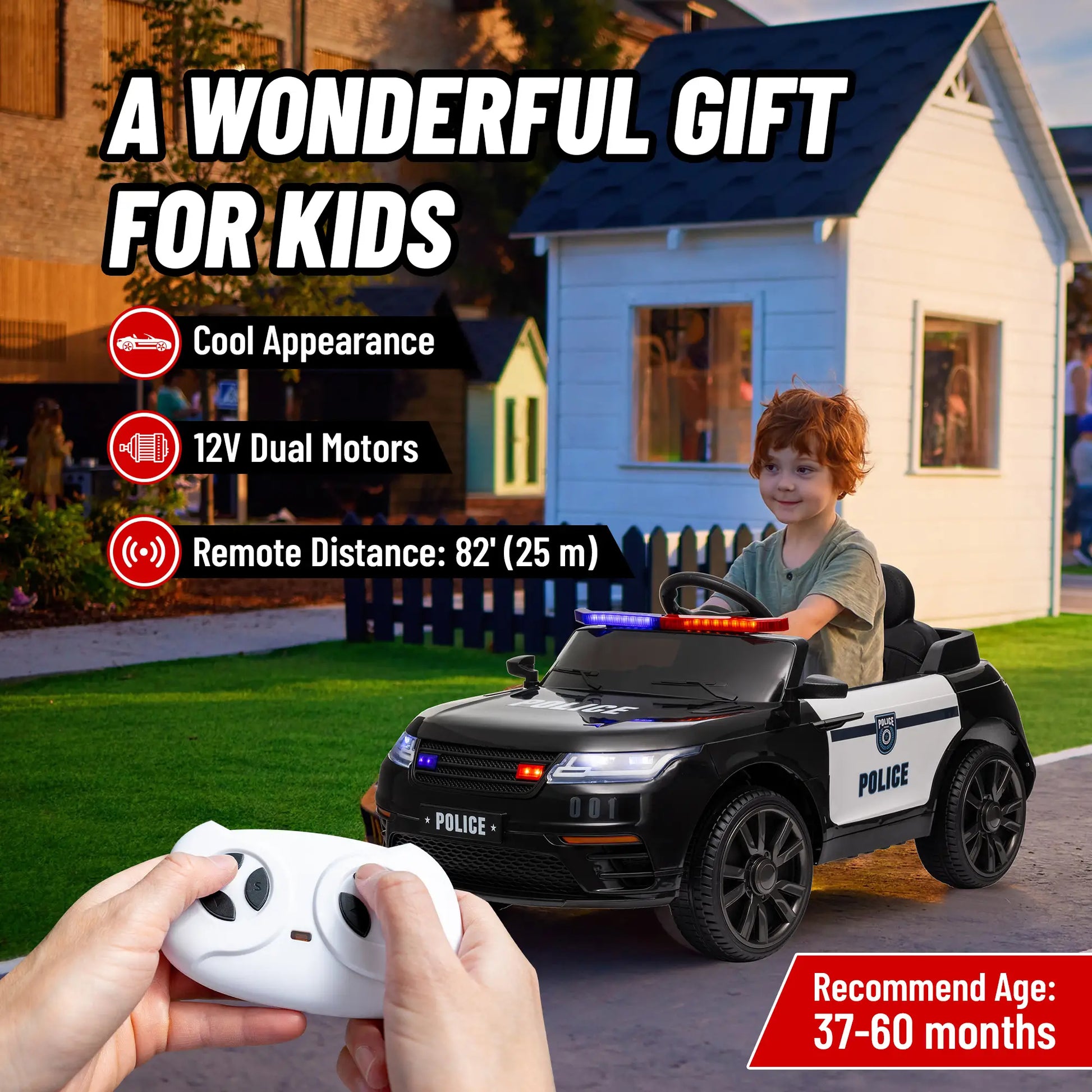 12V Kids Electric Police Car, Remote Control, Black Electric Toy Cars at Gallery Canada