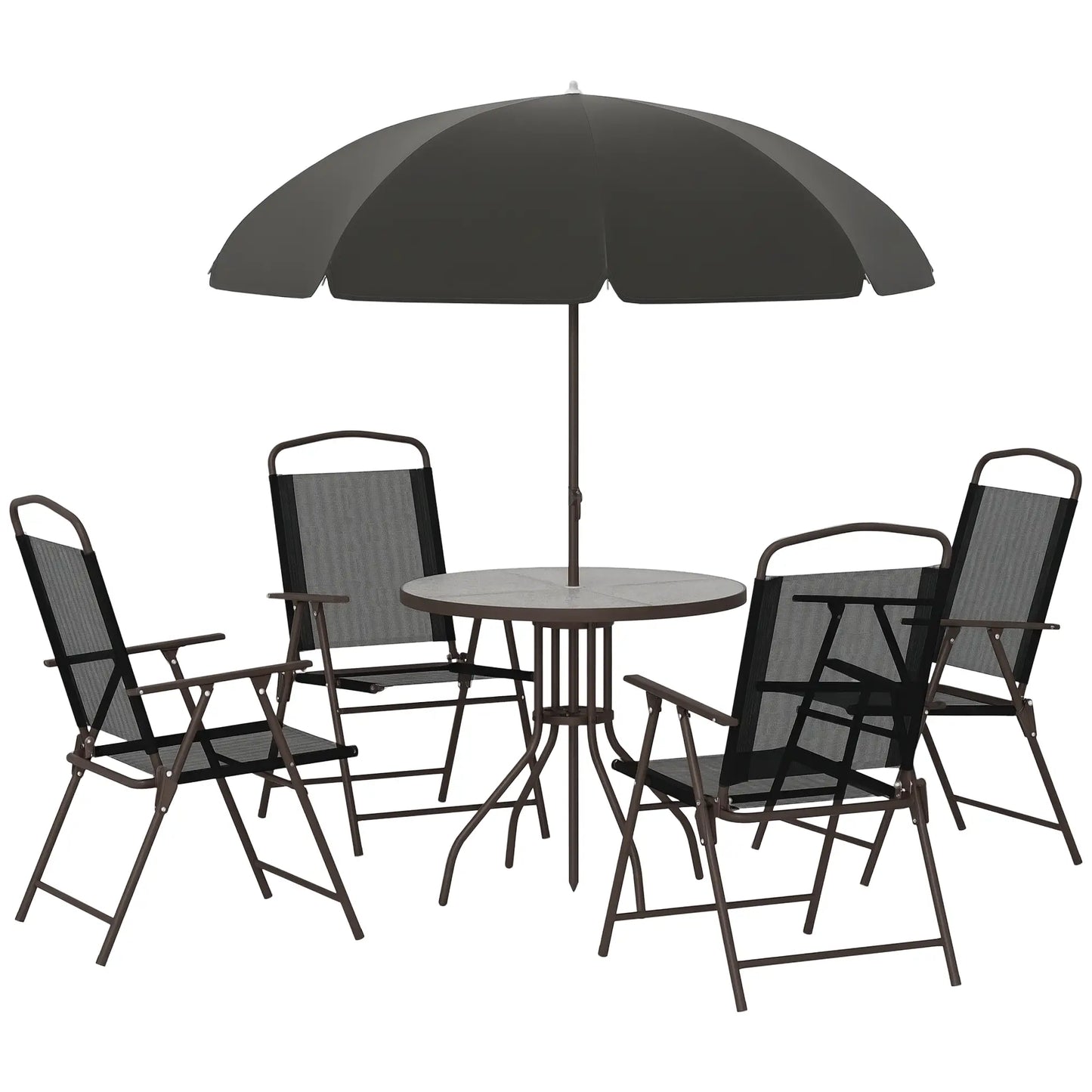 6-Piece Outdoor Dining Set, Round Table, 4 Folding Chairs, Black