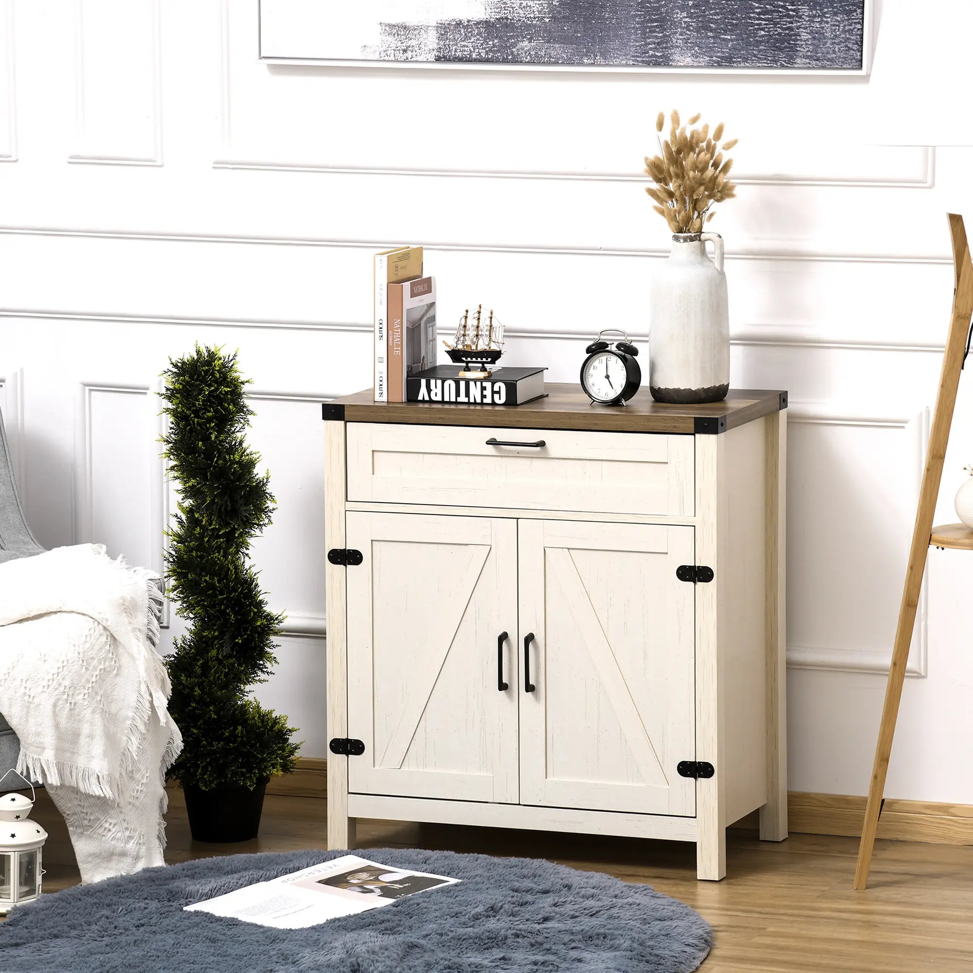 Farmhouse Kitchen Cabinet, Sideboard with 2 Barn Doors, Drawer, White Bar Cabinets at Gallery Canada