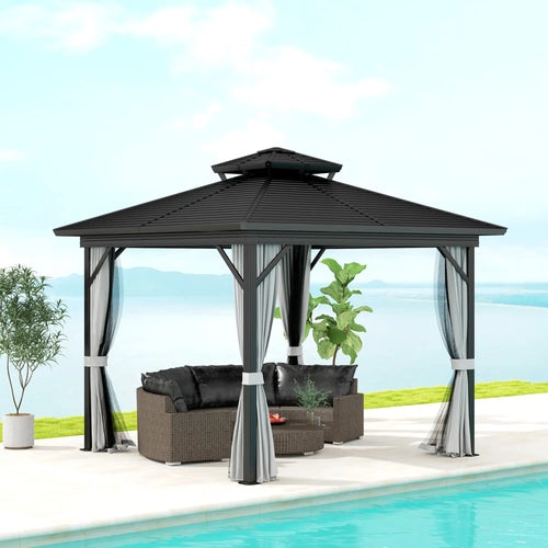 10' x 10' Hardtop Gazebo, Sun Shelter, Mosquito Netting, Light Grey