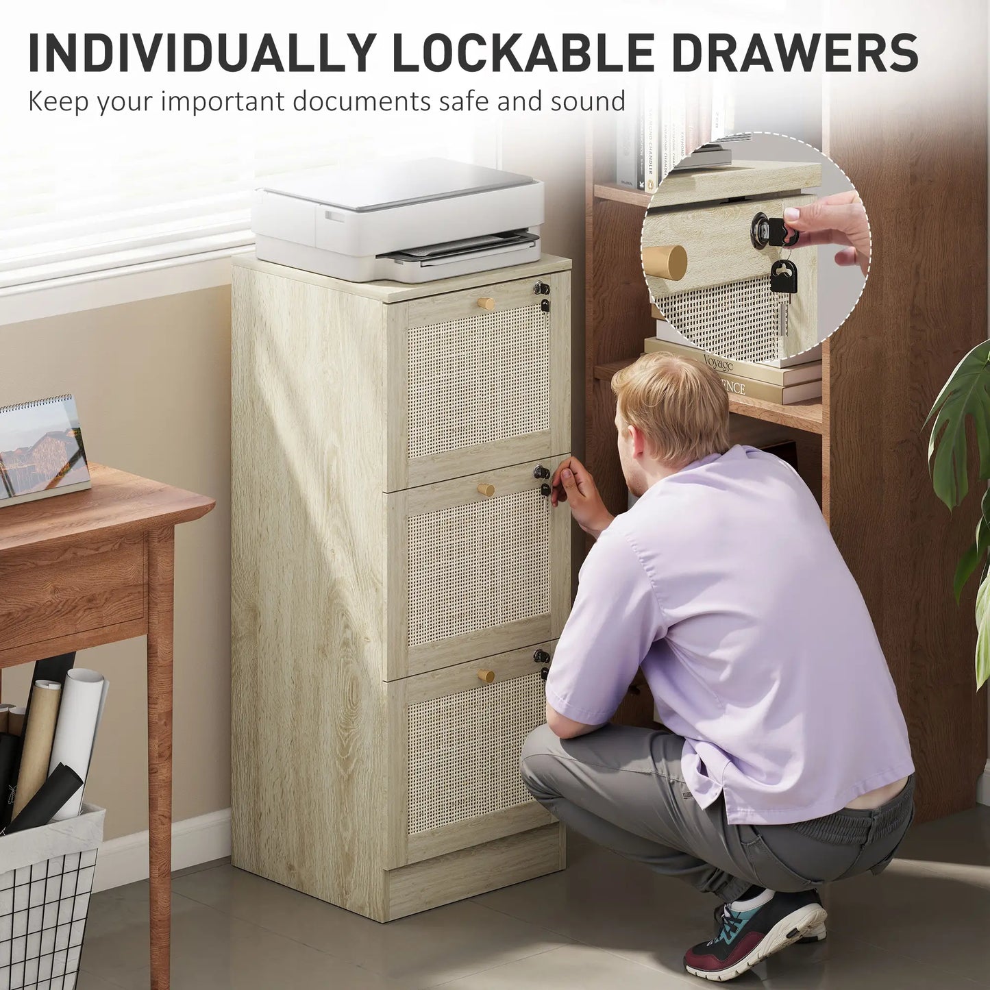 3 Drawer Filing Cabinet with Lock, Boho File Cabinet, A4 Letter Size, Oak Office Cabinets & Cupboards at Gallery Canada