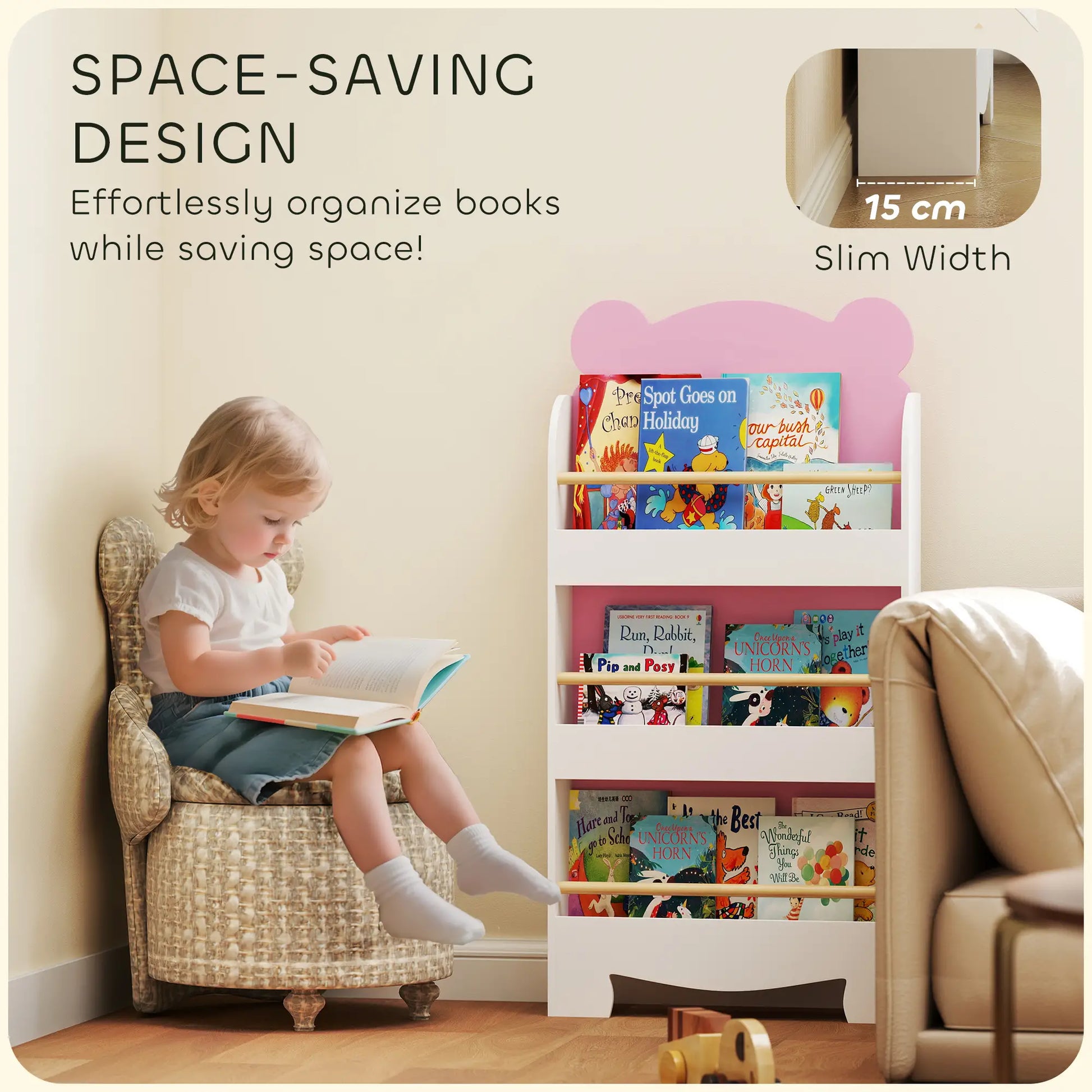3-Tier Bear Theme Kids Bookshelf, Anti-Tip, 36.6L x 11.8W x 35.4H Inches, Pink Baby & Kids Storage at Gallery Canada
