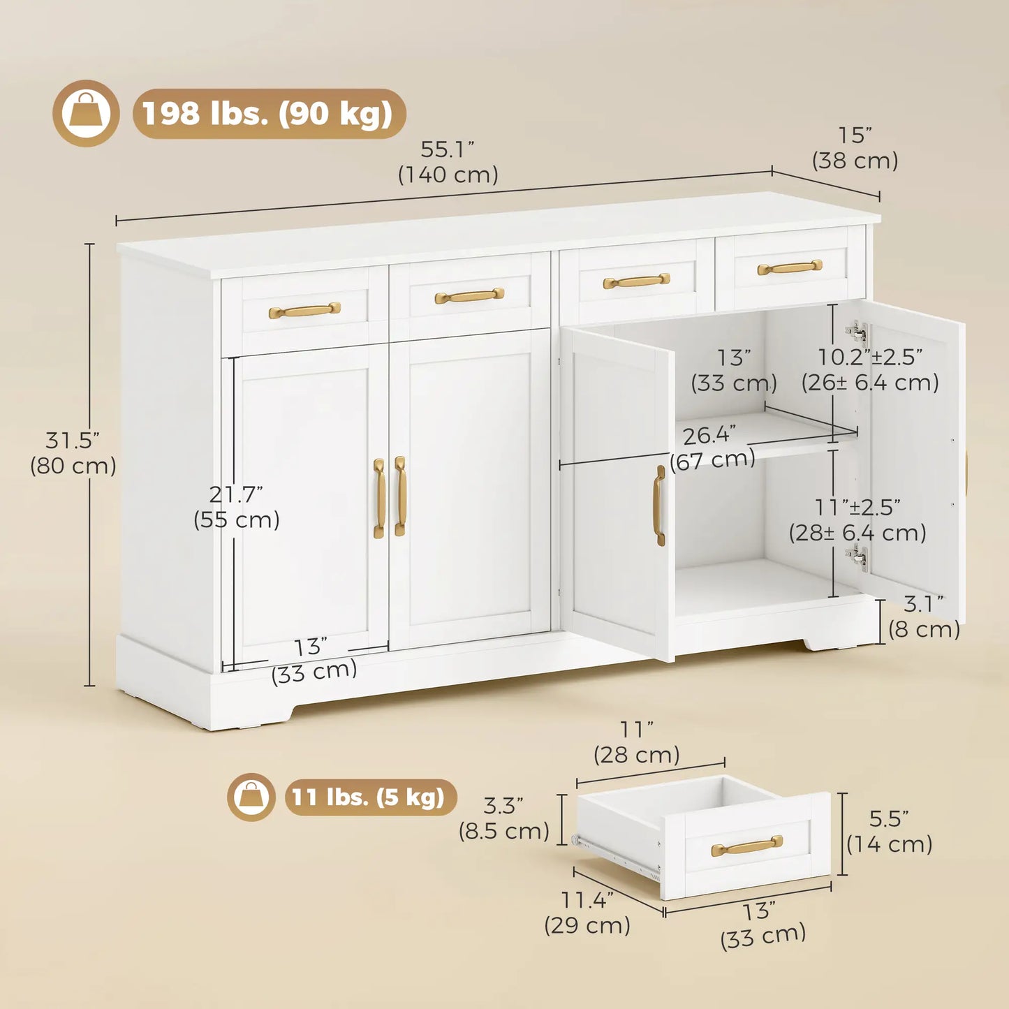 Sideboard Buffet Cabinet, 55" Modern Farmhouse, 4 Drawers, 4 Doors