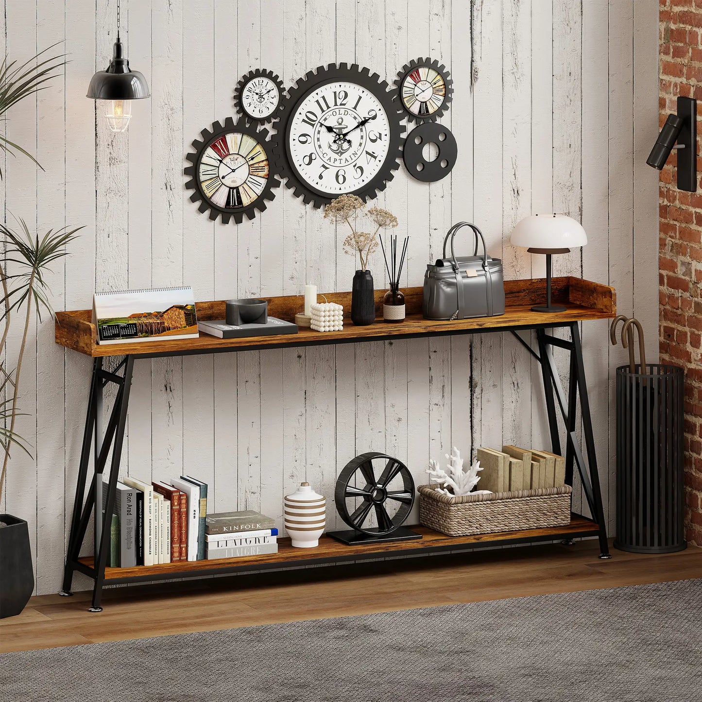 71 Inch Extra Long Console Table with Storage Shelf, Rustic Brown Console Tables at Gallery Canada