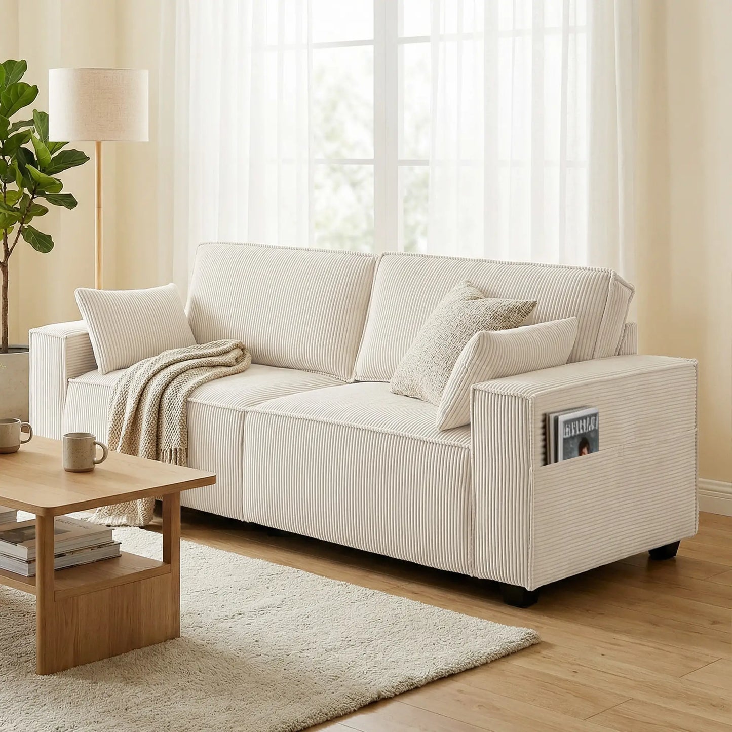 86" 3 Seater Sofa, Modern Corduroy Upholstered Couch, Beige 3-Seater Sofas at Gallery Canada