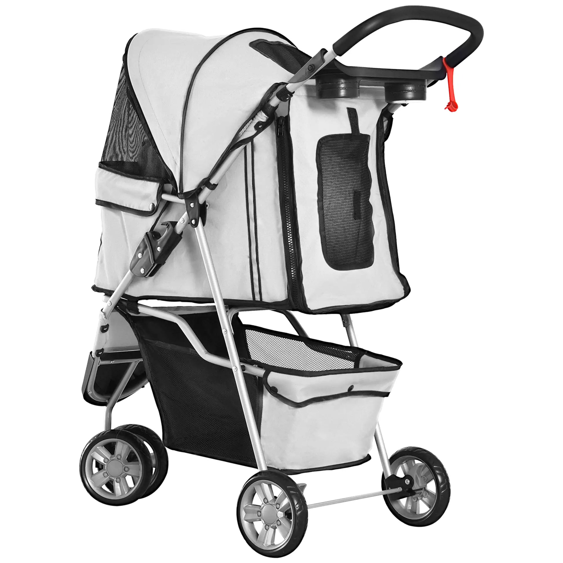3 Wheel Foldable Dog Stroller, Storage Basket, Adjustable Canopy, Cupholder, Grey Dog Bike Trailers & Strollers at Gallery Canada