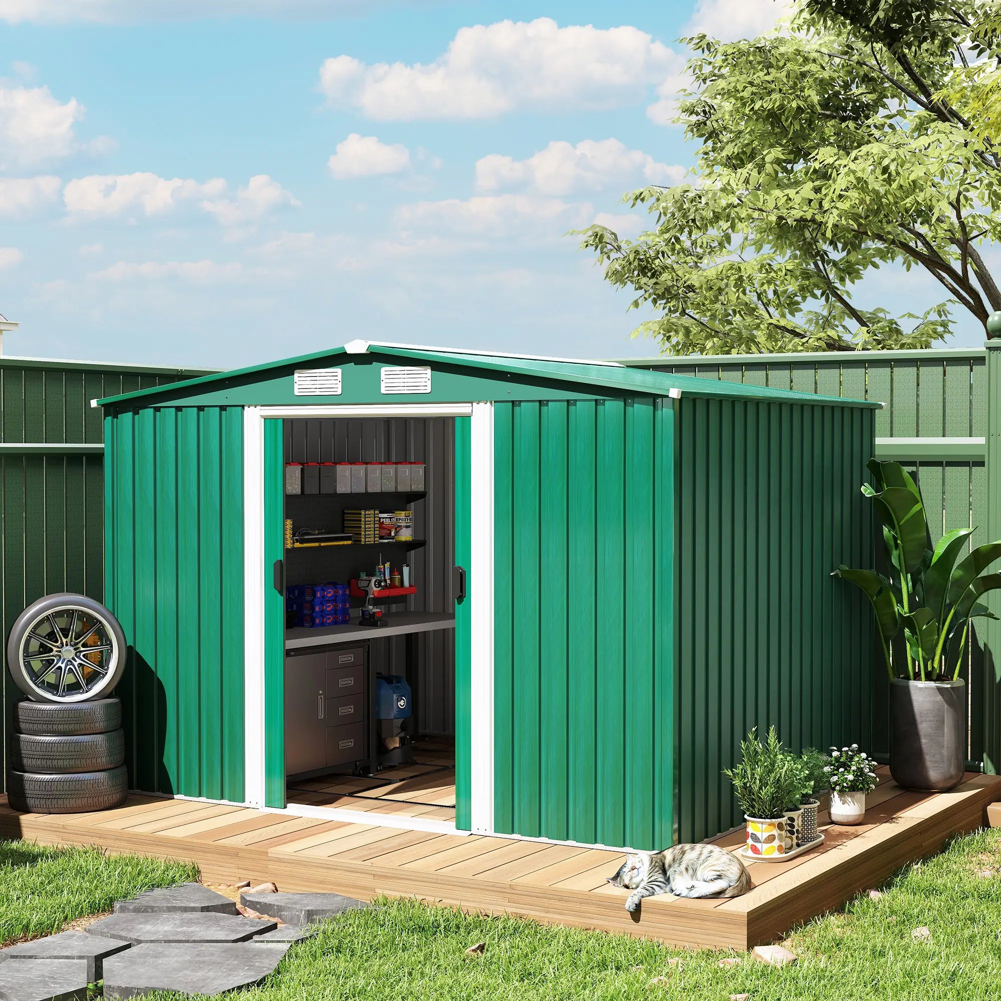 8.5' x 6.8' x 5.8' Garden Storage Shed, Double Sliding Door, 4 Vents, Green Sheds at Gallery Canada