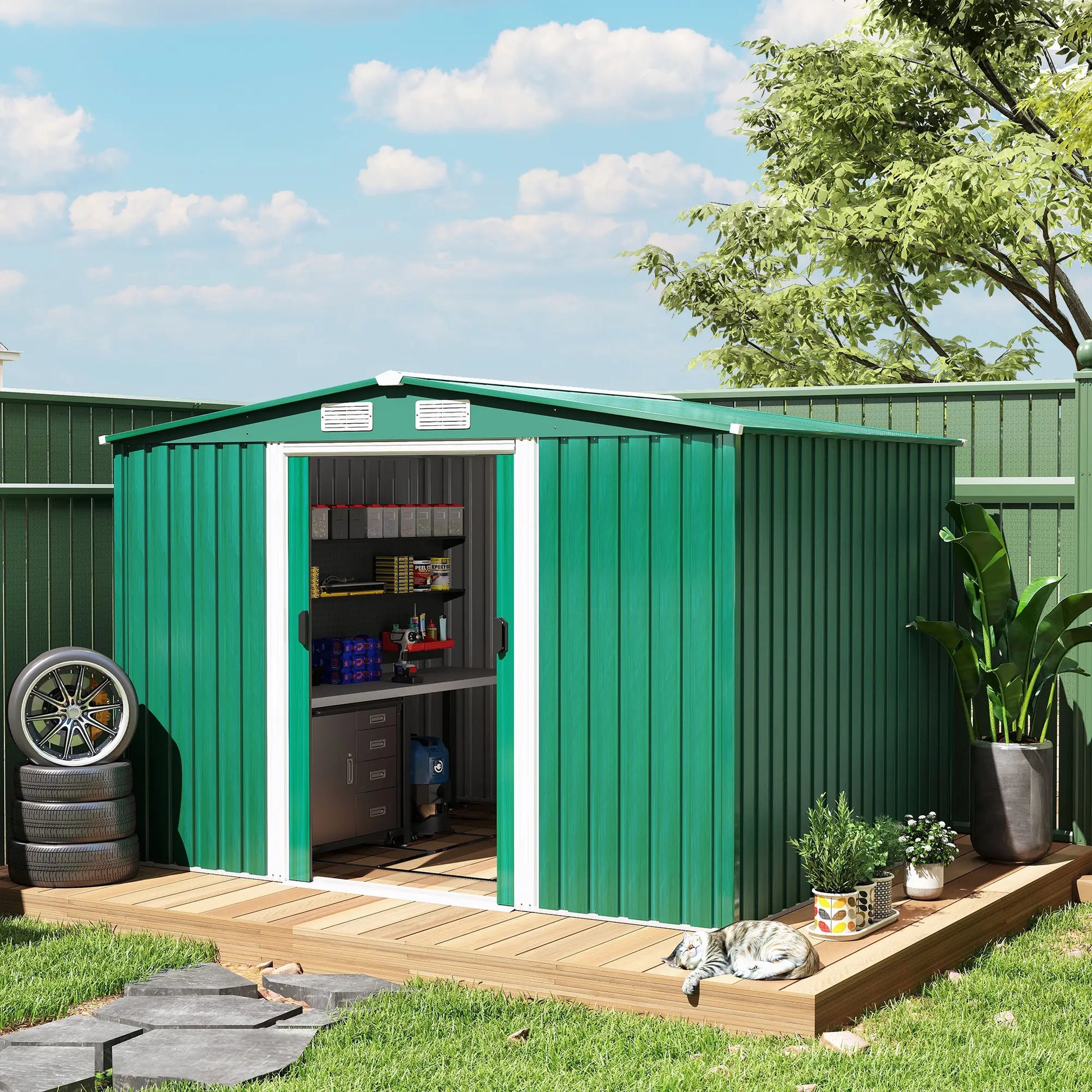 8.5' x 6.8' x 5.8' Garden Storage Shed, Double Sliding Door, 4 Vents, Green Sheds at Gallery Canada