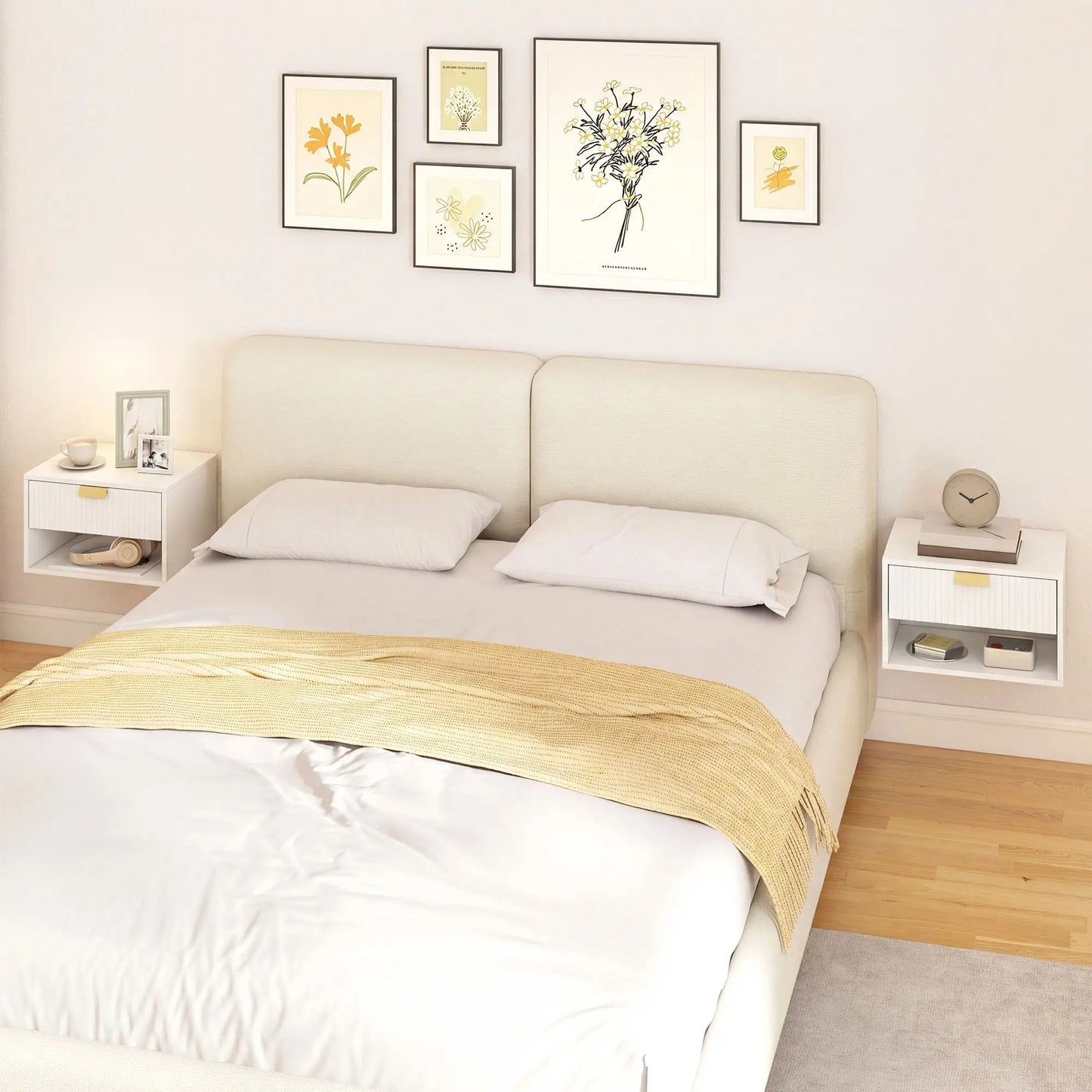 Set of 2 Floating Nightstands, Wall Mounted with Fluted Drawer and Shelf, White