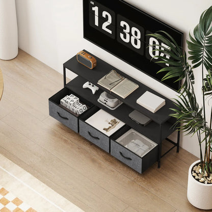 TV Stand with Charging Station, 3 Foldable Drawers, Open Shelf, 55 Inch, Black TV Stands at Gallery Canada