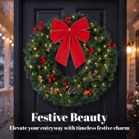Couronne de Noël artificielle de 24 pouces, 50 lumières LED, nœud, vert