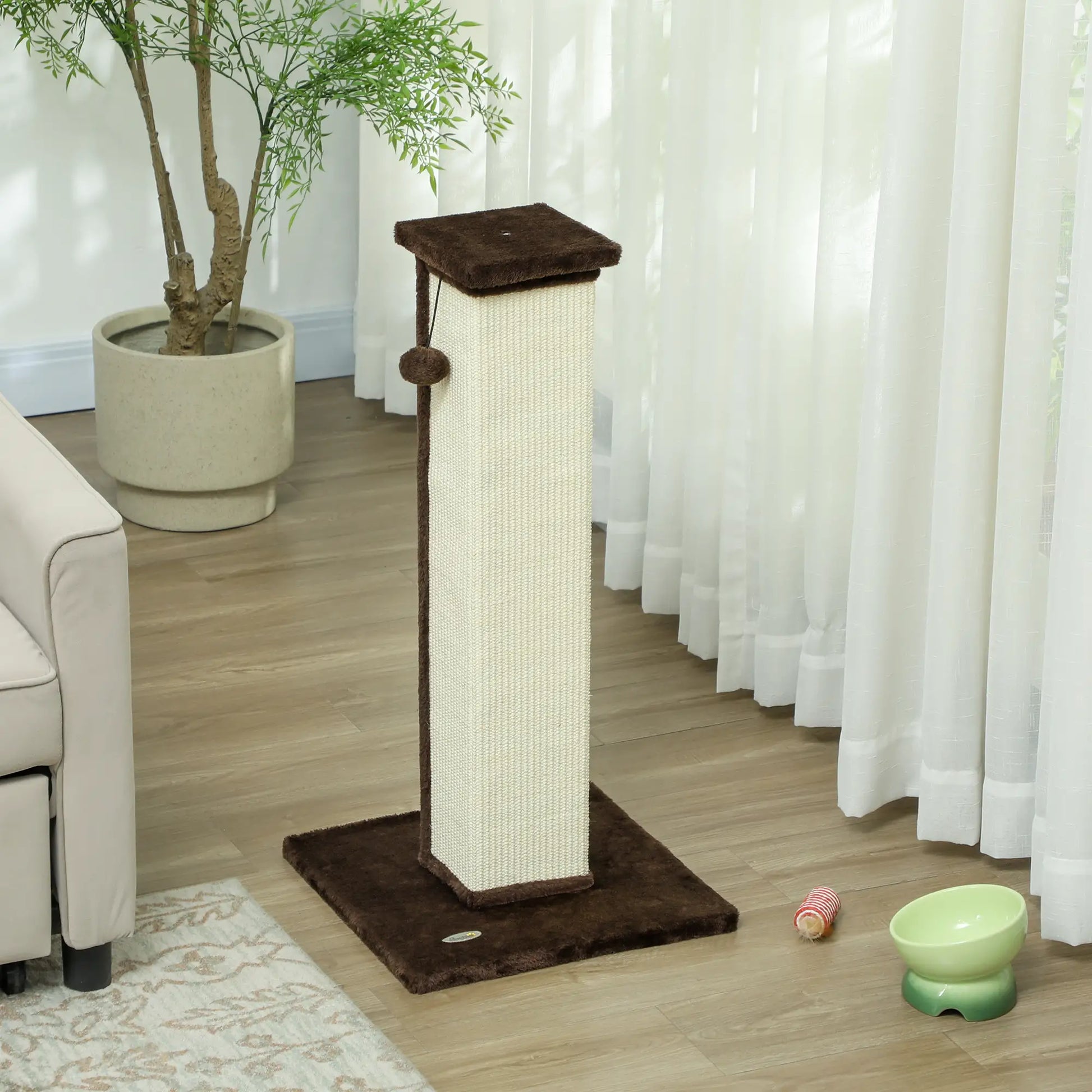 32" Tall Cat Scratching Post, Sisal Scratcher with Hanging Ball, Brown Cat Posts at Gallery Canada